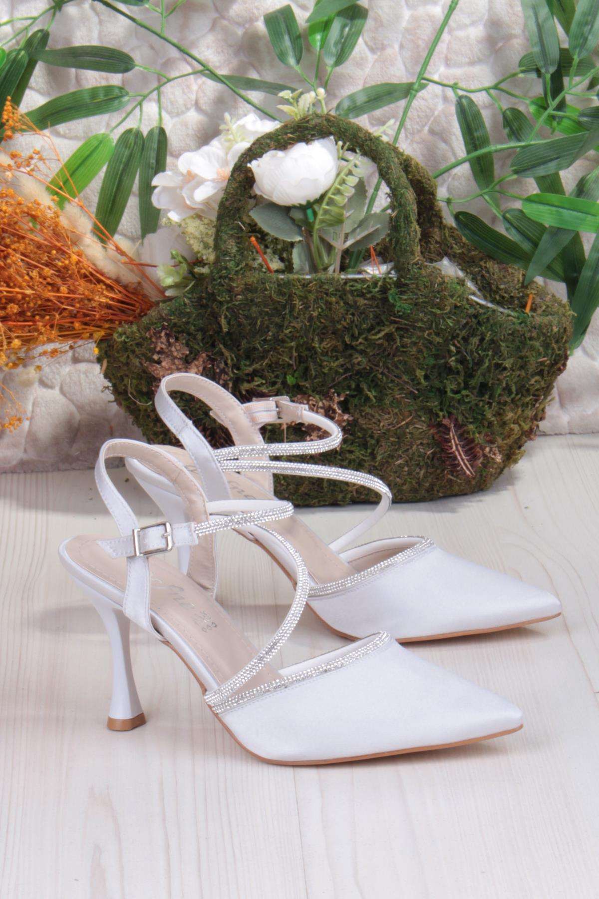 35691 Saten Biye Taşlı Topuklu Abiye Ayakkabı Kadın Ayakkabı - Görsel 6