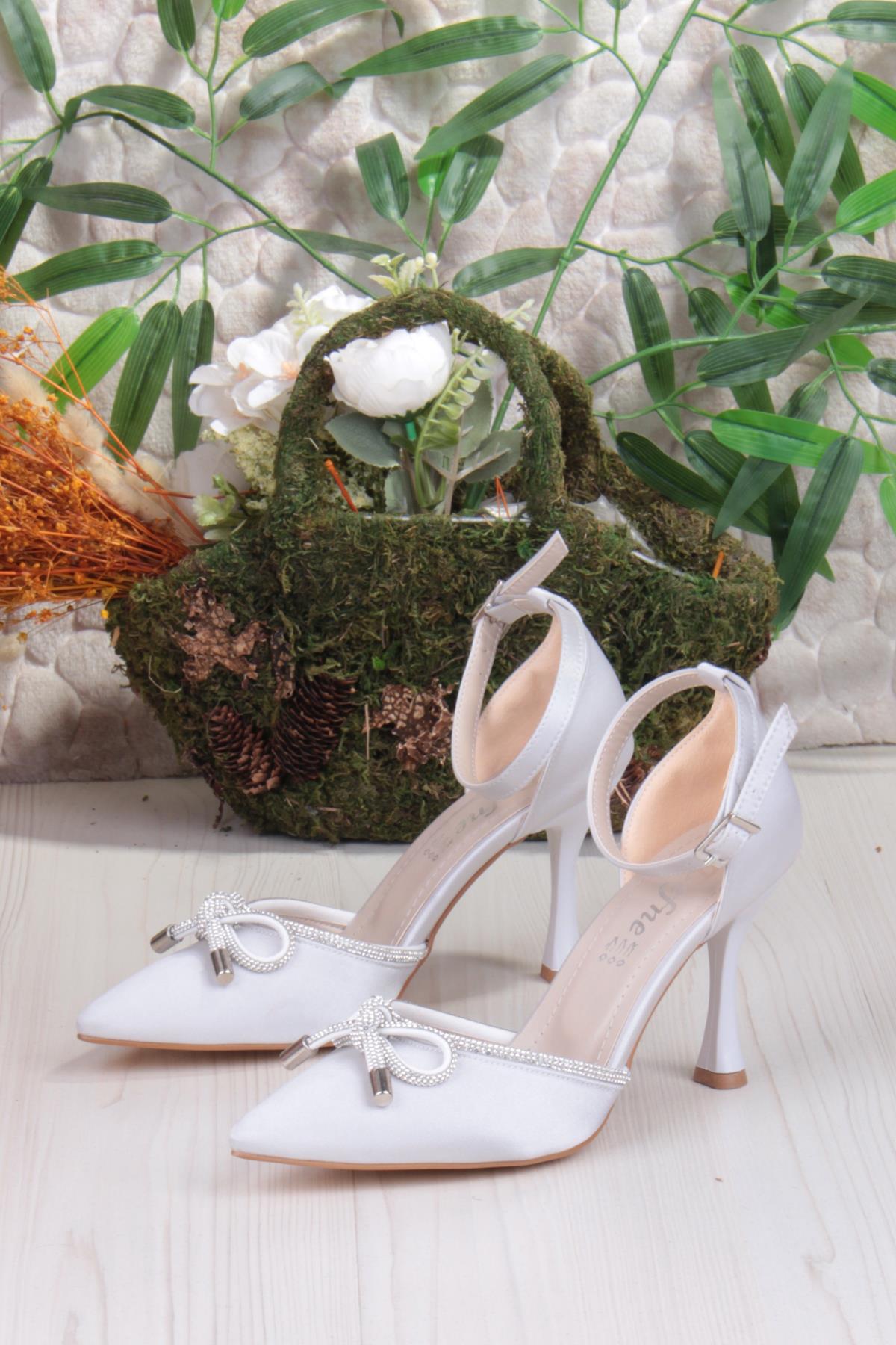 35695 Saten Fiyonklu Biye Taşlı Topuklu Abiye Ayakkabı Kadın Ayakkabı - Görsel 7