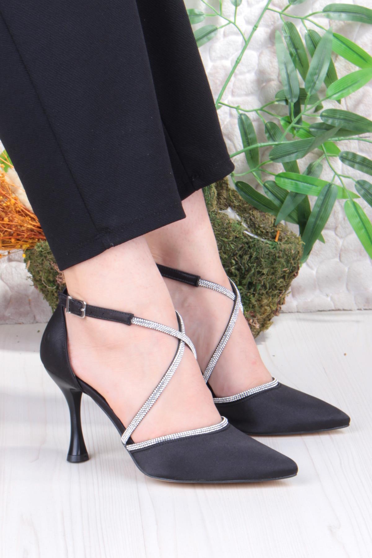 35693 Saten Çapraz Bantlı Biye Taşlı Topuklu Abiye Ayakkabı Kadın Ayakkabı - Görsel 2