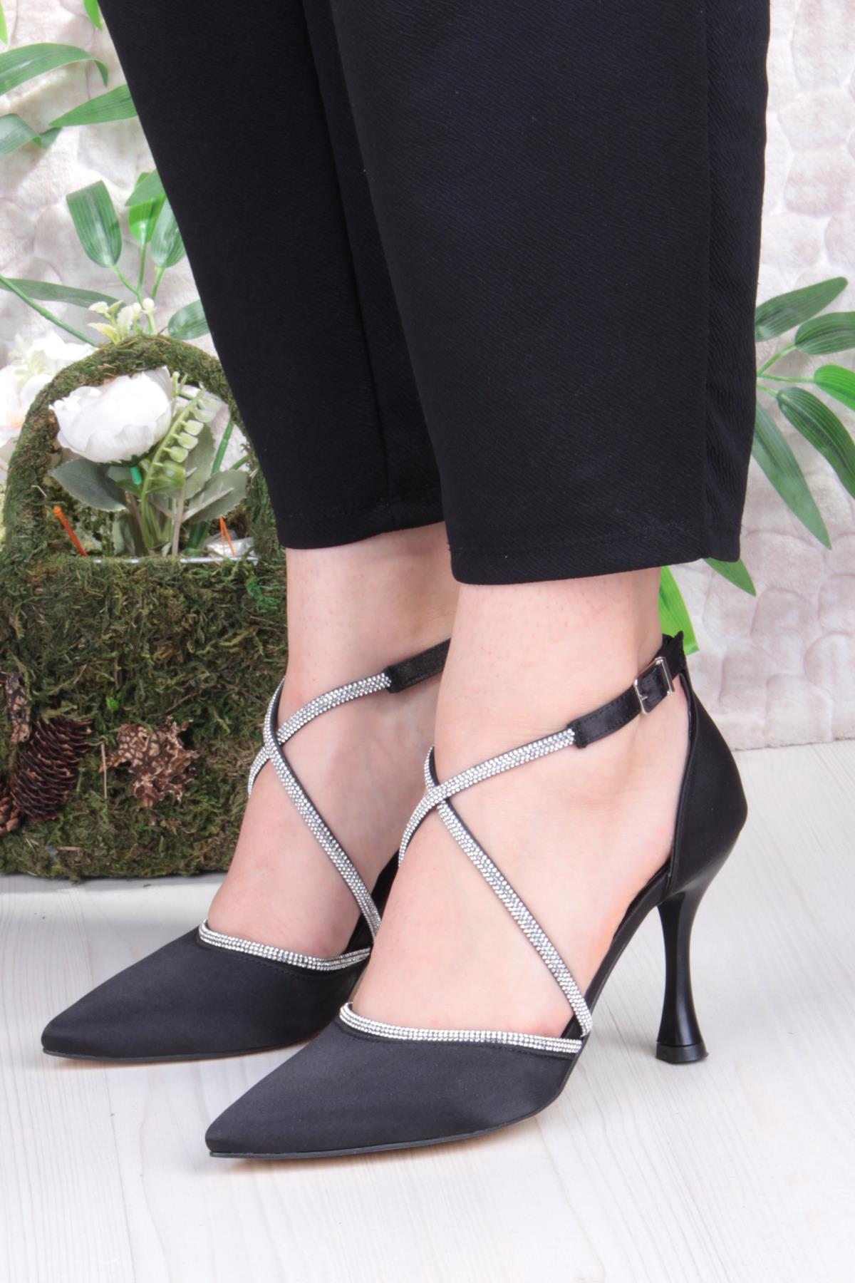 35693 Saten Çapraz Bantlı Biye Taşlı Topuklu Abiye Ayakkabı Kadın Ayakkabı - Görsel 3