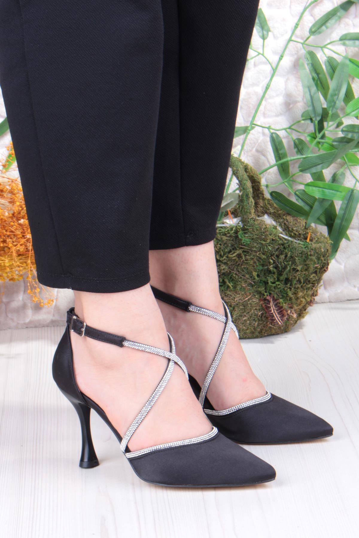 35693 Saten Çapraz Bantlı Biye Taşlı Topuklu Abiye Ayakkabı Kadın Ayakkabı - Görsel 4