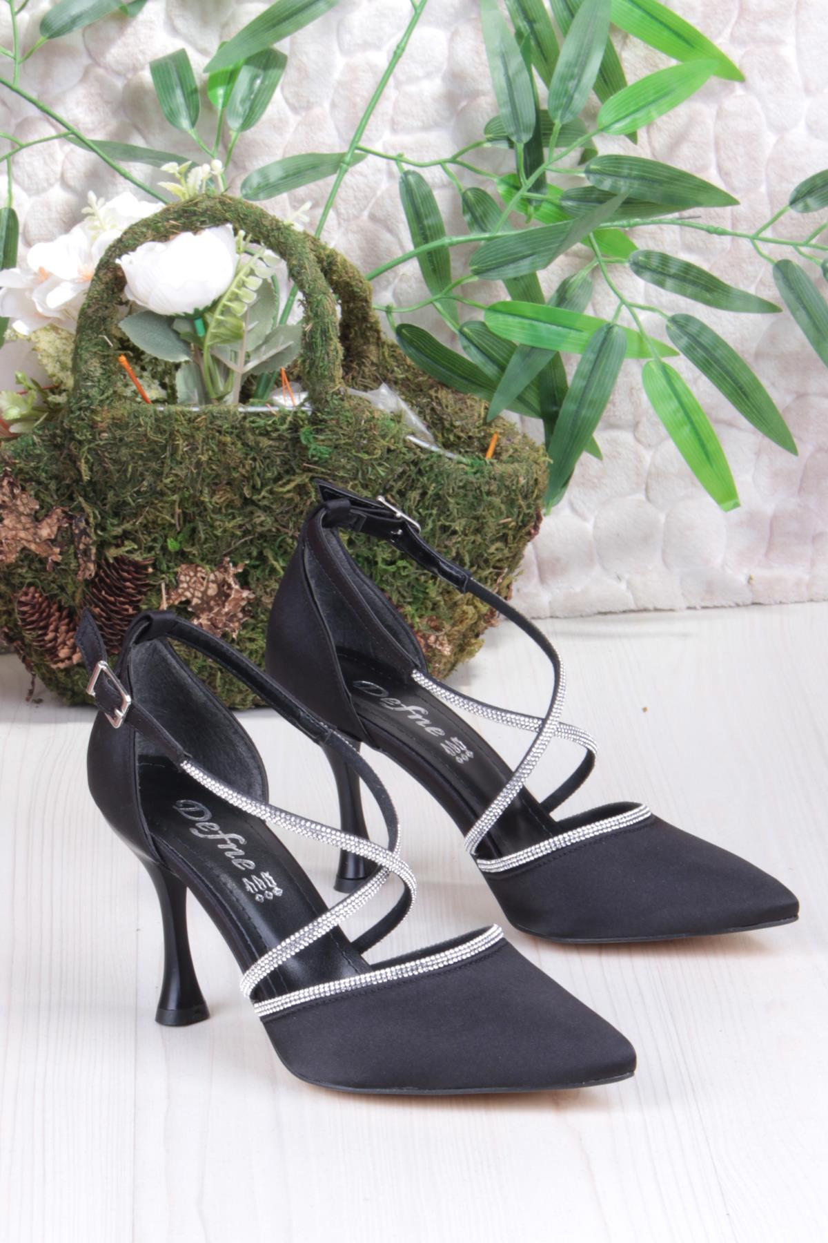 35693 Saten Çapraz Bantlı Biye Taşlı Topuklu Abiye Ayakkabı Kadın Ayakkabı - Görsel 6