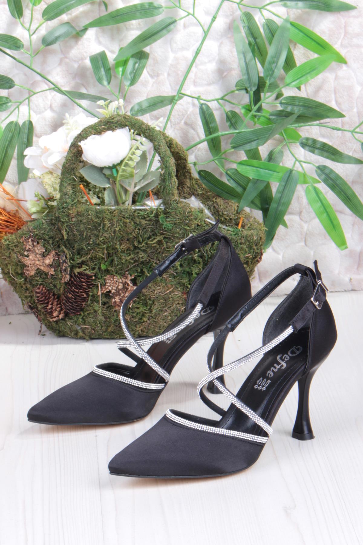 35693 Saten Çapraz Bantlı Biye Taşlı Topuklu Abiye Ayakkabı Kadın Ayakkabı - Görsel 7