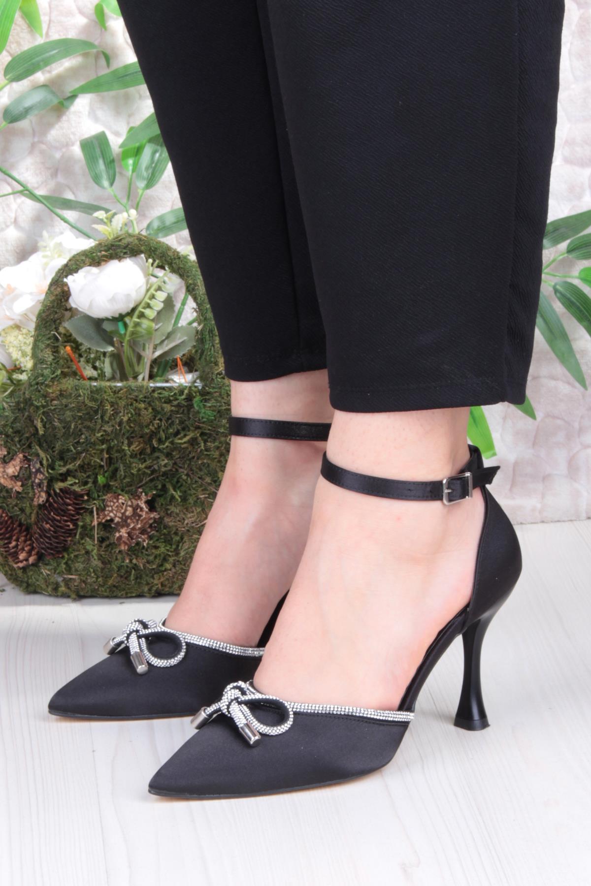 35695 Saten Fiyonklu Biye Taşlı Topuklu Abiye Ayakkabı Kadın Ayakkabı - Görsel 3