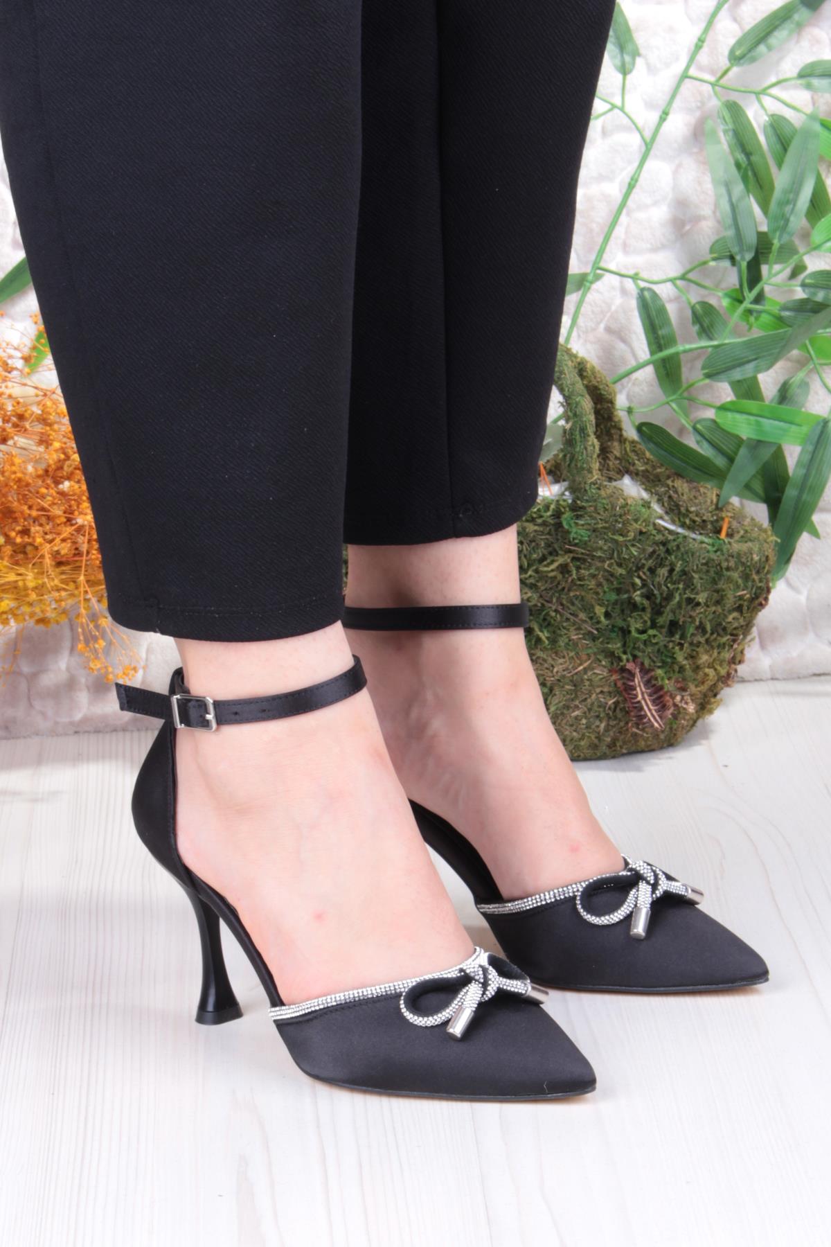 35695 Saten Fiyonklu Biye Taşlı Topuklu Abiye Ayakkabı Kadın Ayakkabı - Görsel 4