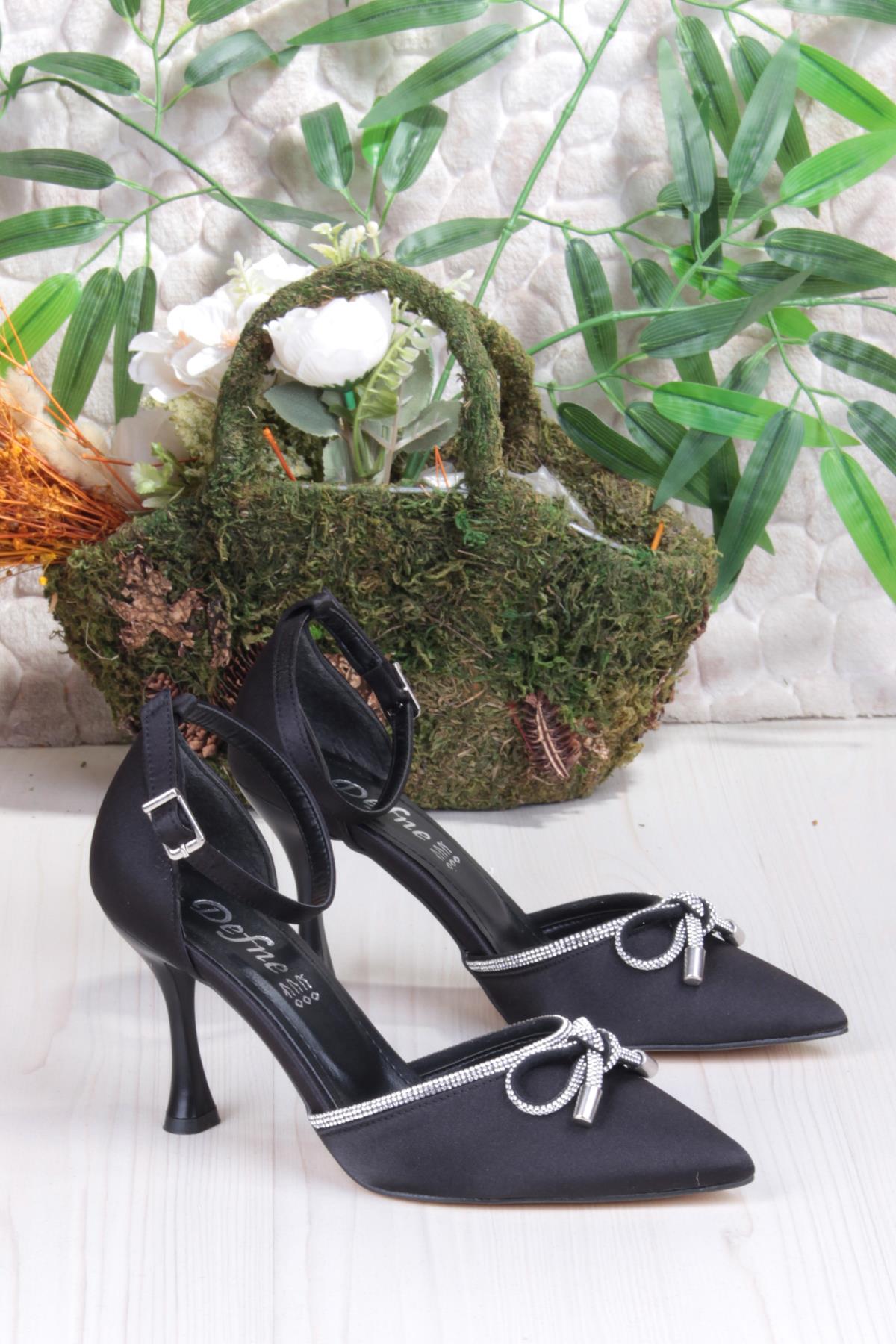 35695 Saten Fiyonklu Biye Taşlı Topuklu Abiye Ayakkabı Kadın Ayakkabı - Görsel 6