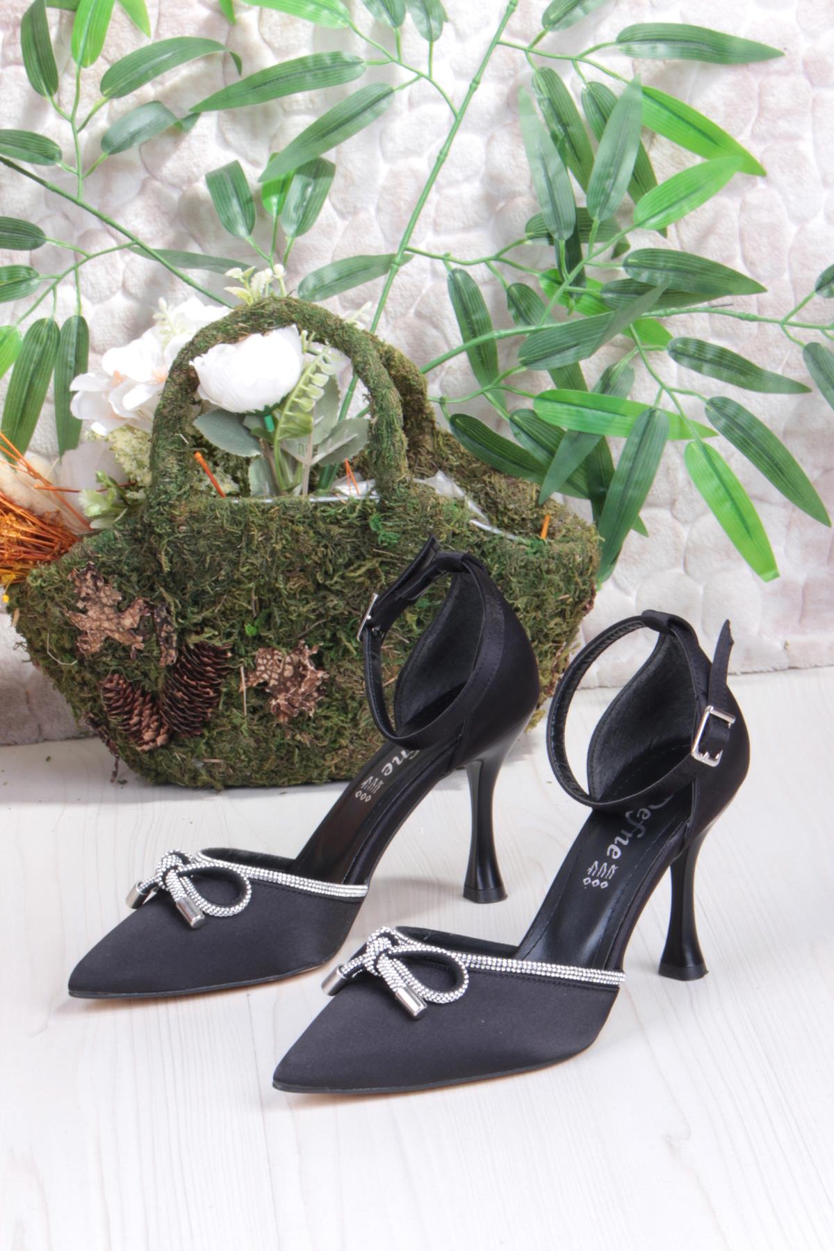 35695 Saten Fiyonklu Biye Taşlı Topuklu Abiye Ayakkabı Kadın Ayakkabı - Görsel 7