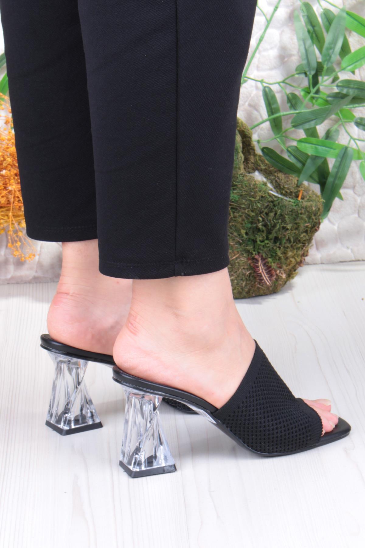 6396 Dantel Örgülü Şeffaf Topuklu Kadın Terlik - Görsel 5