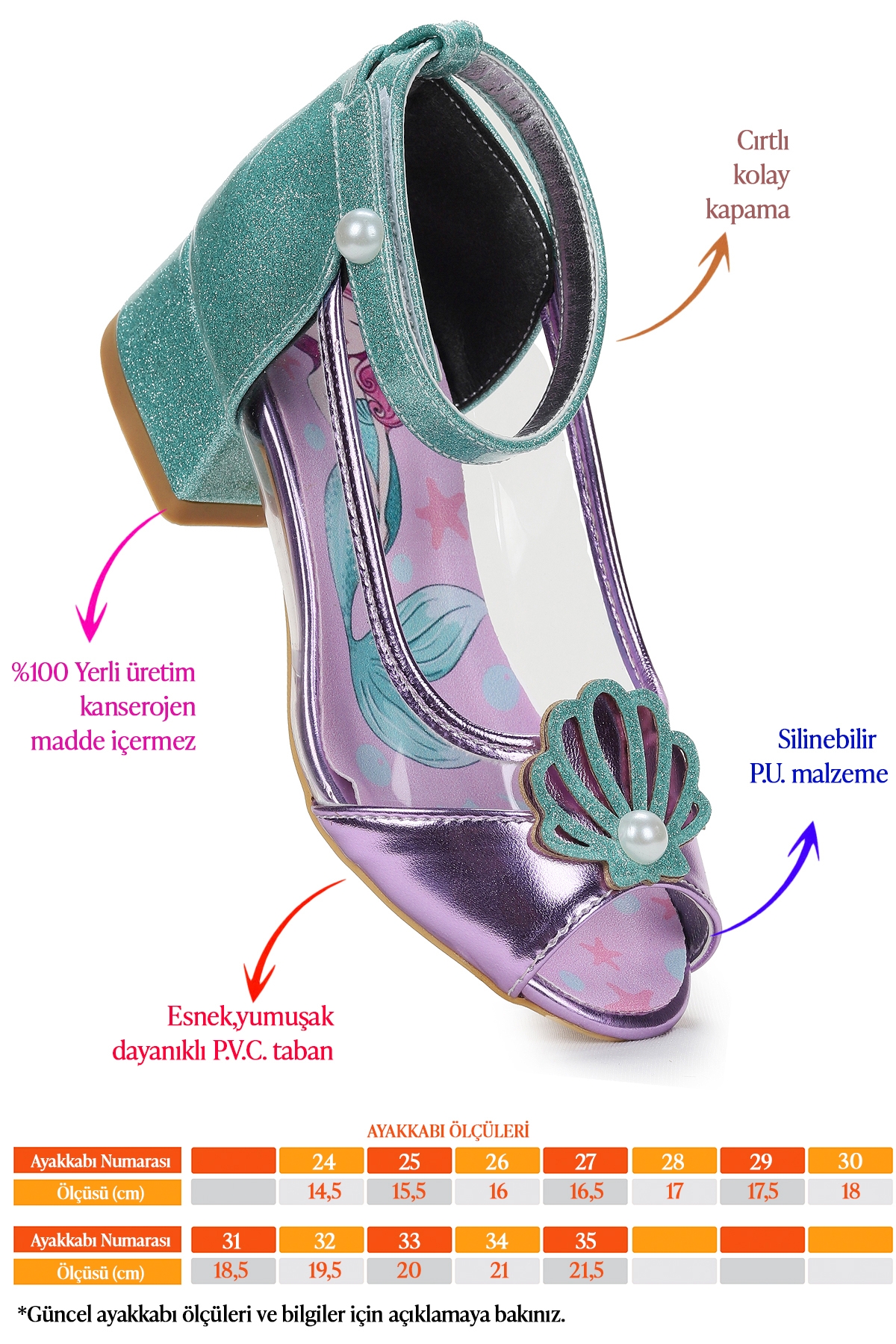 Deniz Kızı Şeffaf Burnu Açık Kız Çocuk Topuklu Abiye Ayakkabı Lila - Su Yeşili - Görsel 3