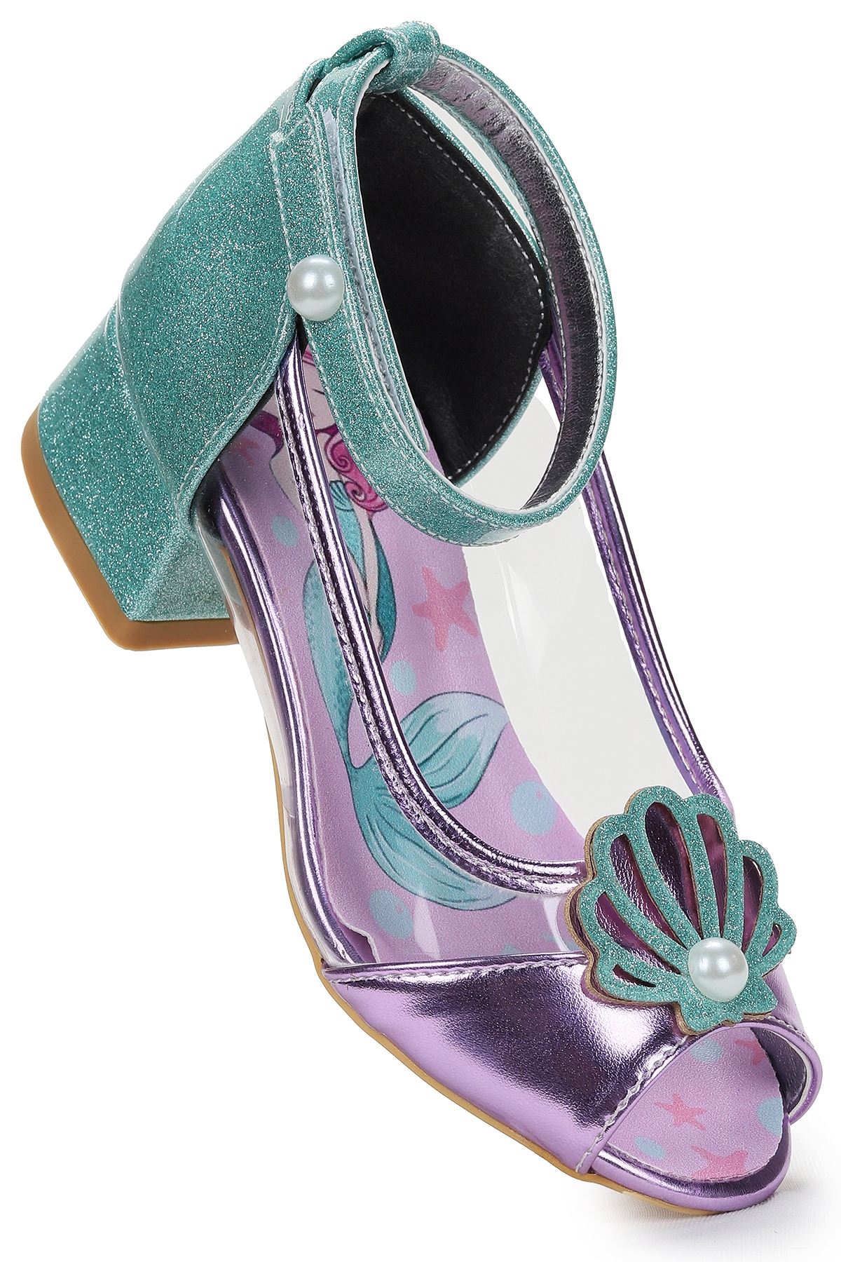 Deniz Kızı Şeffaf Burnu Açık Kız Çocuk Topuklu Abiye Ayakkabı Lila - Su Yeşili - Görsel 4