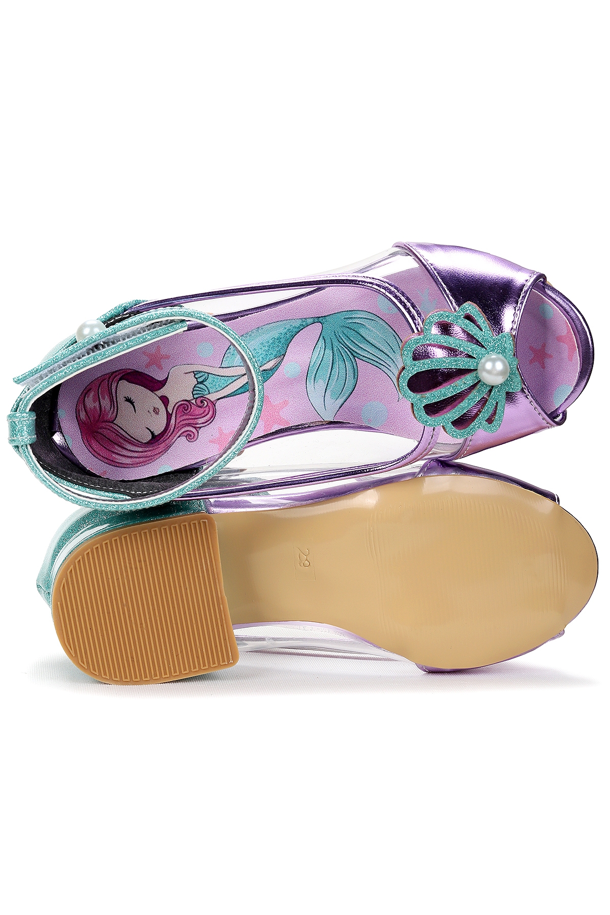 Deniz Kızı Şeffaf Burnu Açık Kız Çocuk Topuklu Abiye Ayakkabı Lila - Su Yeşili - Görsel 6