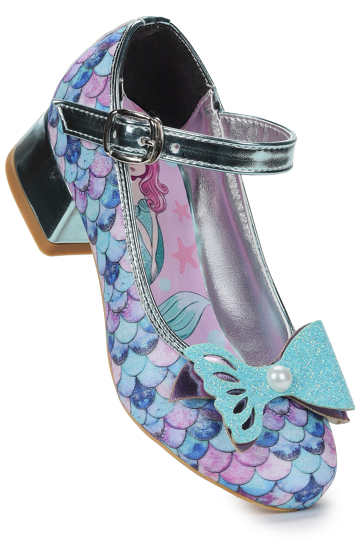 Deniz Kızı İnci Fiyonklu Simli Kız Çocuk Topuklu Abiye Ayakkabı Su Yeşili - Görsel 4