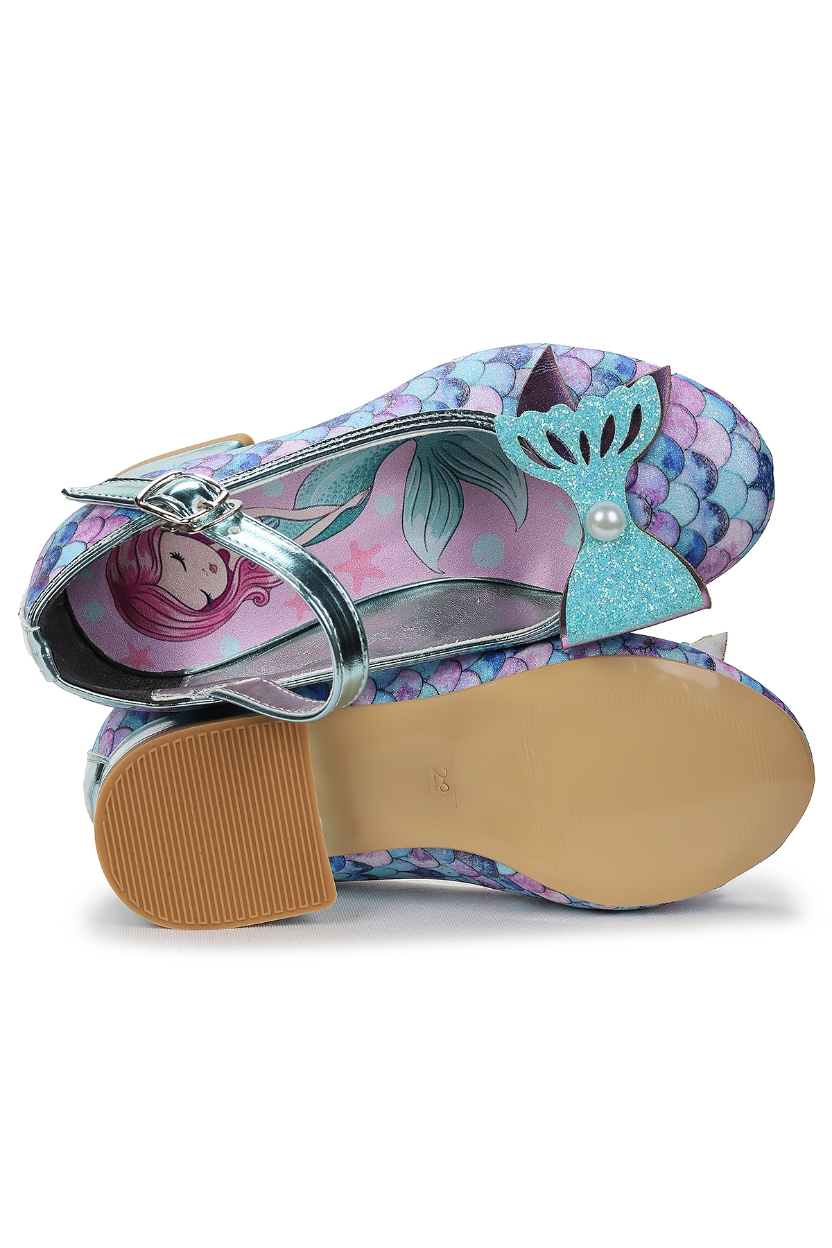 Deniz Kızı İnci Fiyonklu Simli Kız Çocuk Topuklu Abiye Ayakkabı Su Yeşili - Görsel 6