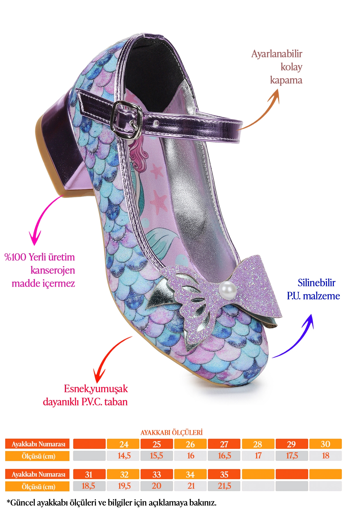 Deniz Kızı İnci Fiyonklu Simli Kız Çocuk Topuklu Abiye Ayakkabı Lila - Görsel 3