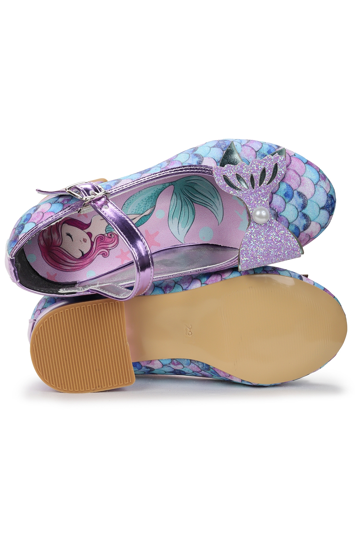 Deniz Kızı İnci Fiyonklu Simli Kız Çocuk Topuklu Abiye Ayakkabı Lila - Görsel 6