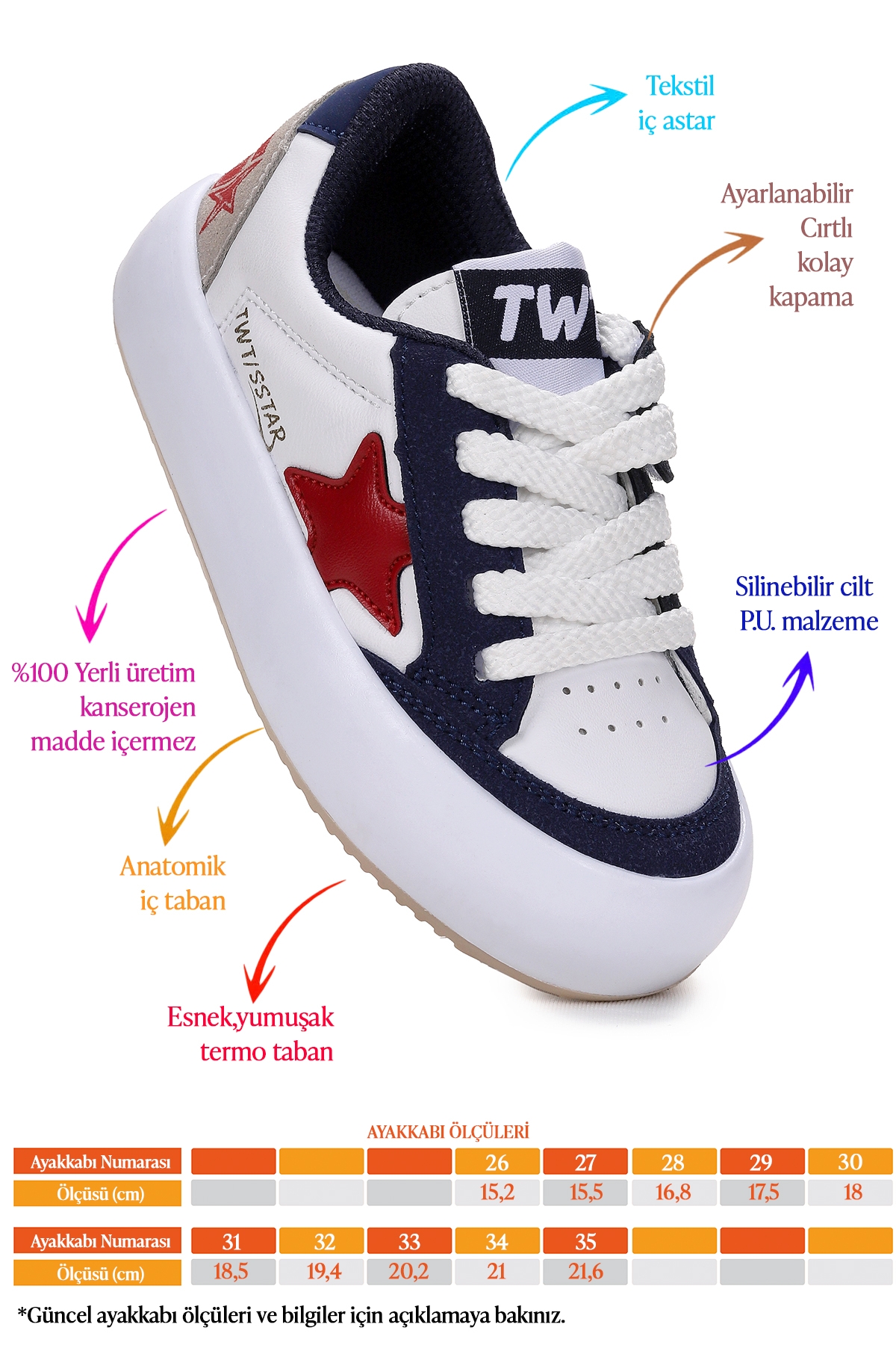 Rida Günlük Cırtlı Bağcıklı Erkek Çocuk Spor Ayakkabı Beyaz - Lacivert - Kırmızı - Görsel 3