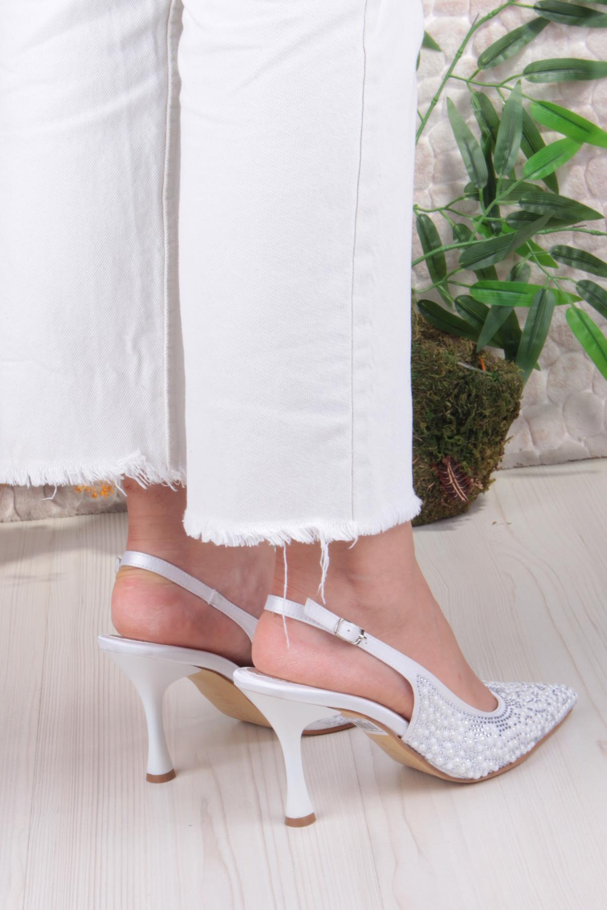 3668 Uraz Boncuk Taş Detaylı Arkası Açık Önü Kapalı Topuklu Kadın Ayakkabı - Görsel 5