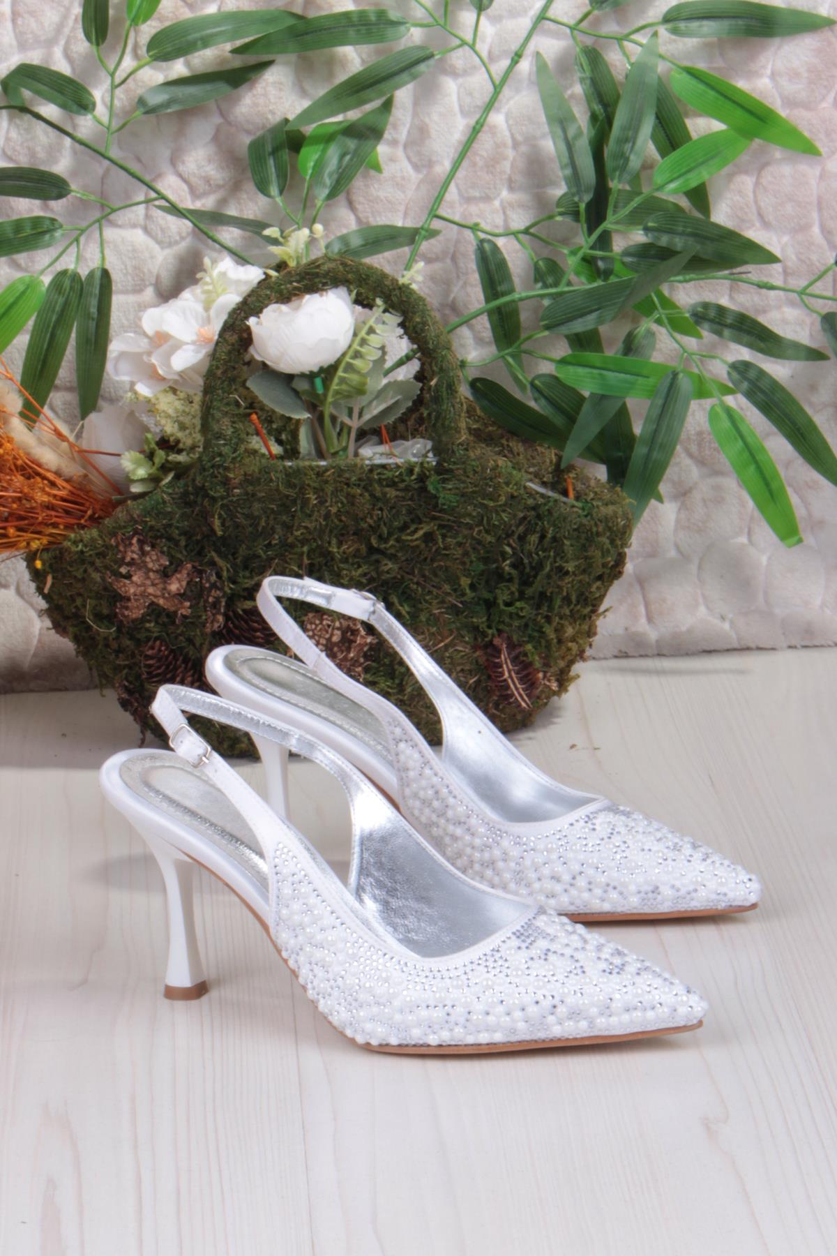 3668 Uraz Boncuk Taş Detaylı Arkası Açık Önü Kapalı Topuklu Kadın Ayakkabı - Görsel 6