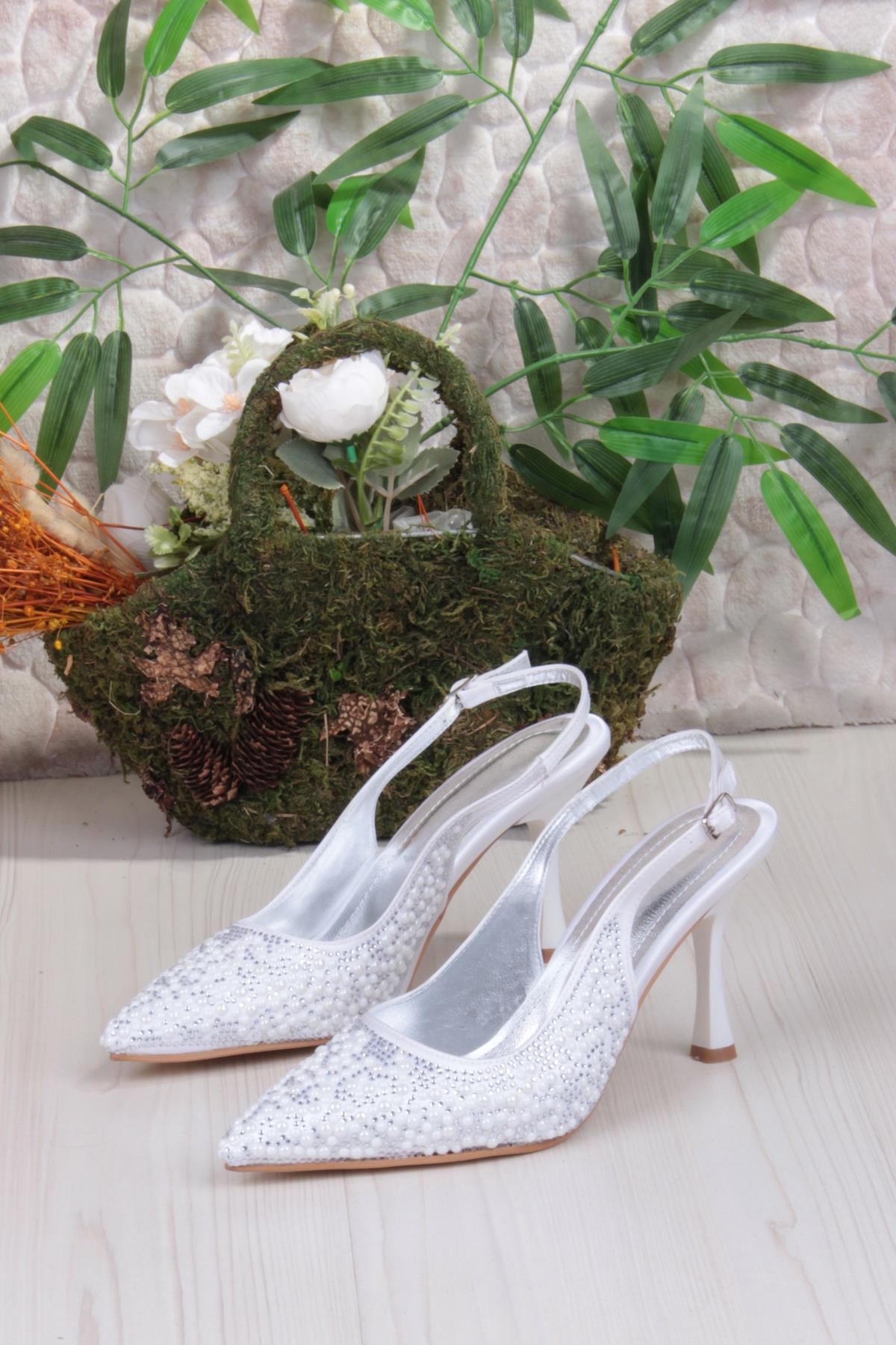 3668 Uraz Boncuk Taş Detaylı Arkası Açık Önü Kapalı Topuklu Kadın Ayakkabı - Görsel 7