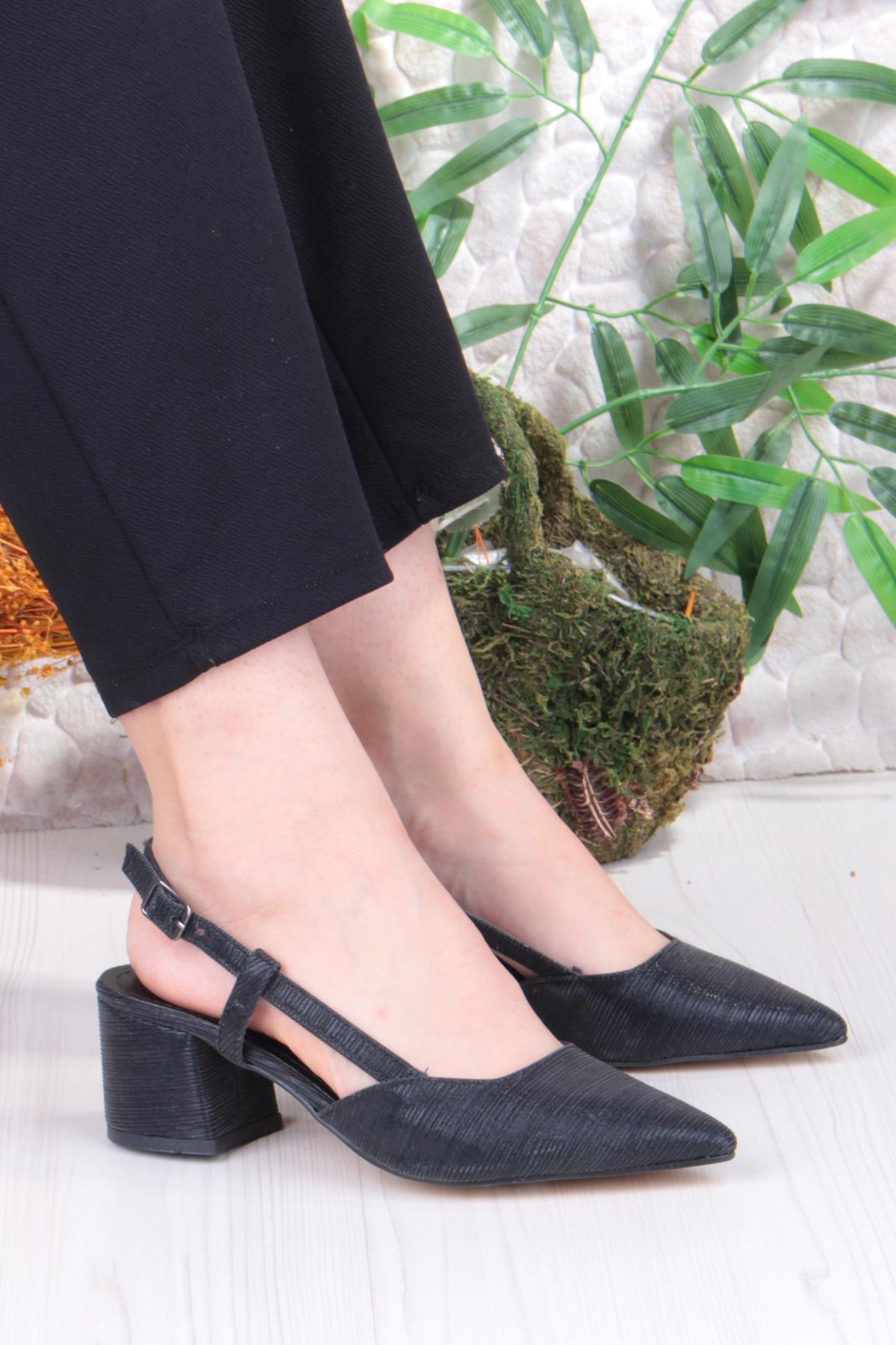 110-425 Saten Simli Arkası Açık Klasik Topuklu Kadın Ayakkabı - Görsel 2