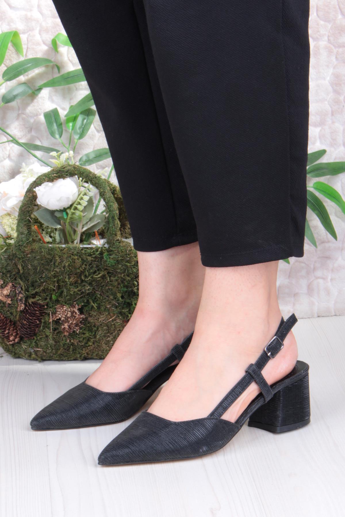 110-425 Saten Simli Arkası Açık Klasik Topuklu Kadın Ayakkabı - Görsel 3