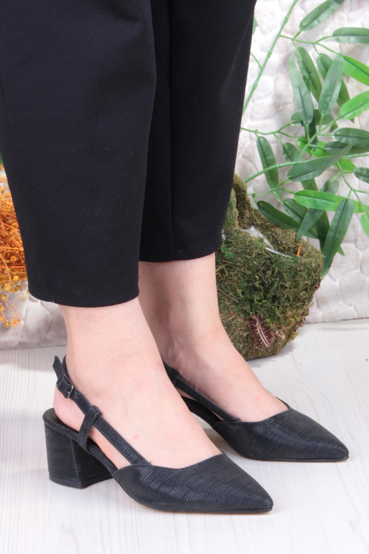 110-425 Saten Simli Arkası Açık Klasik Topuklu Kadın Ayakkabı - Görsel 4