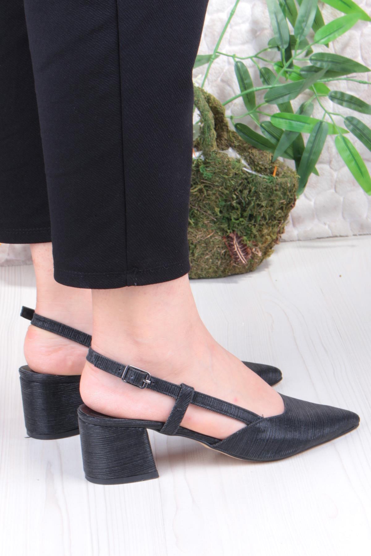 110-425 Saten Simli Arkası Açık Klasik Topuklu Kadın Ayakkabı - Görsel 5