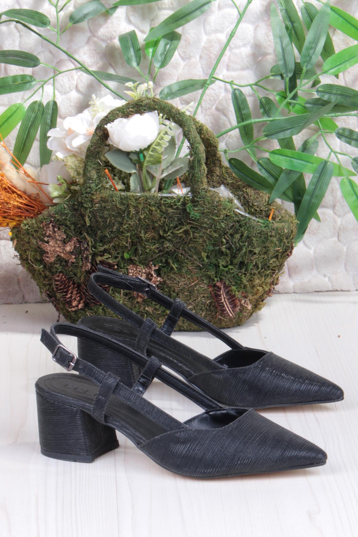 110-425 Saten Simli Arkası Açık Klasik Topuklu Kadın Ayakkabı - Görsel 6