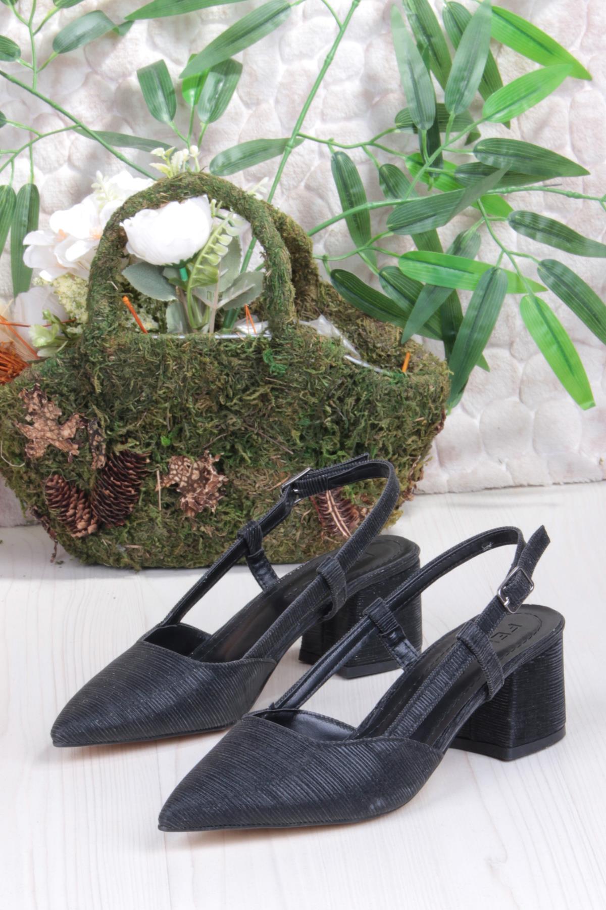 110-425 Saten Simli Arkası Açık Klasik Topuklu Kadın Ayakkabı - Görsel 7