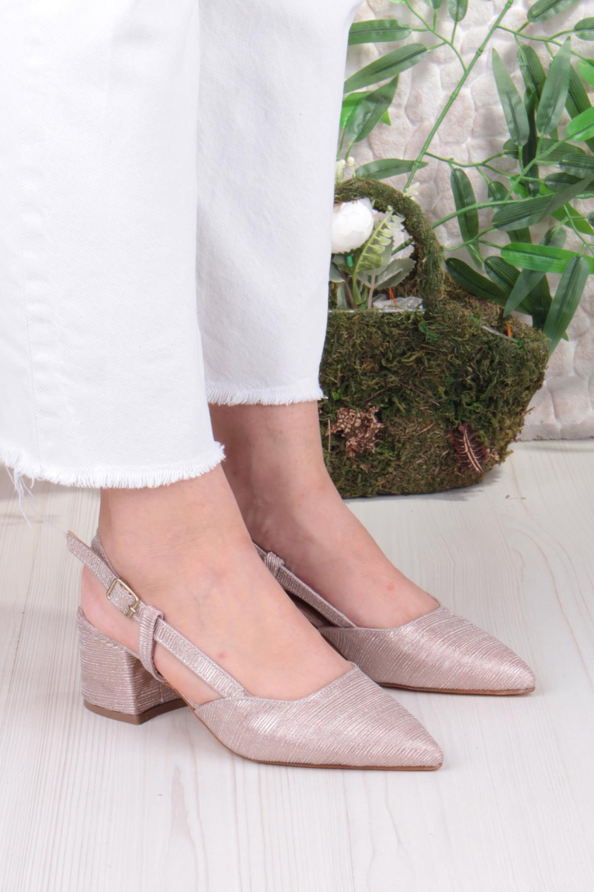 110-425 Saten Simli Arkası Açık Klasik Topuklu Kadın Ayakkabı - Görsel 4