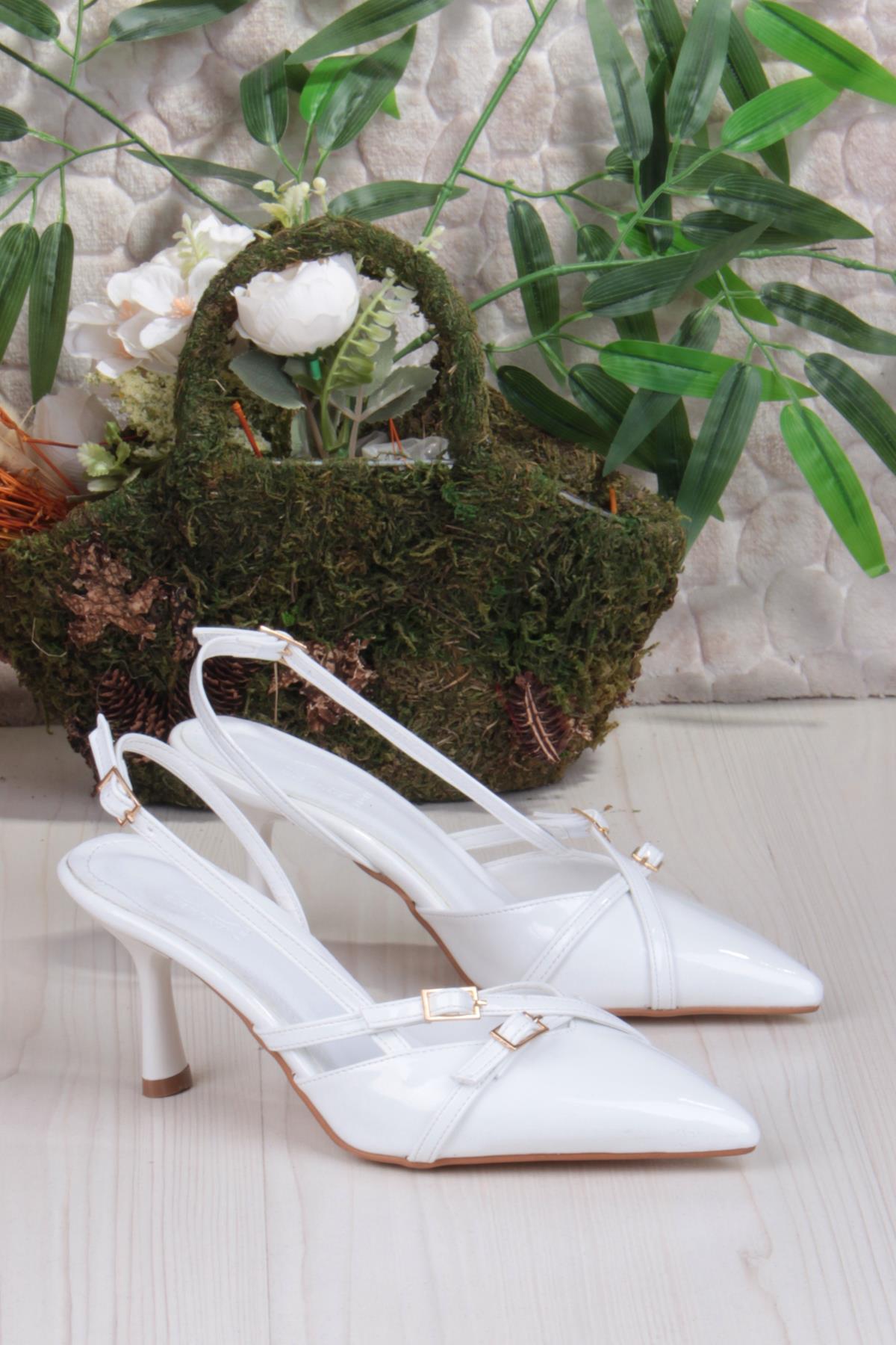 2105 Ceyn Rugan Çift Toka Detaylı Arkası Açık Topuklu Kadın Ayakkabı - Görsel 6