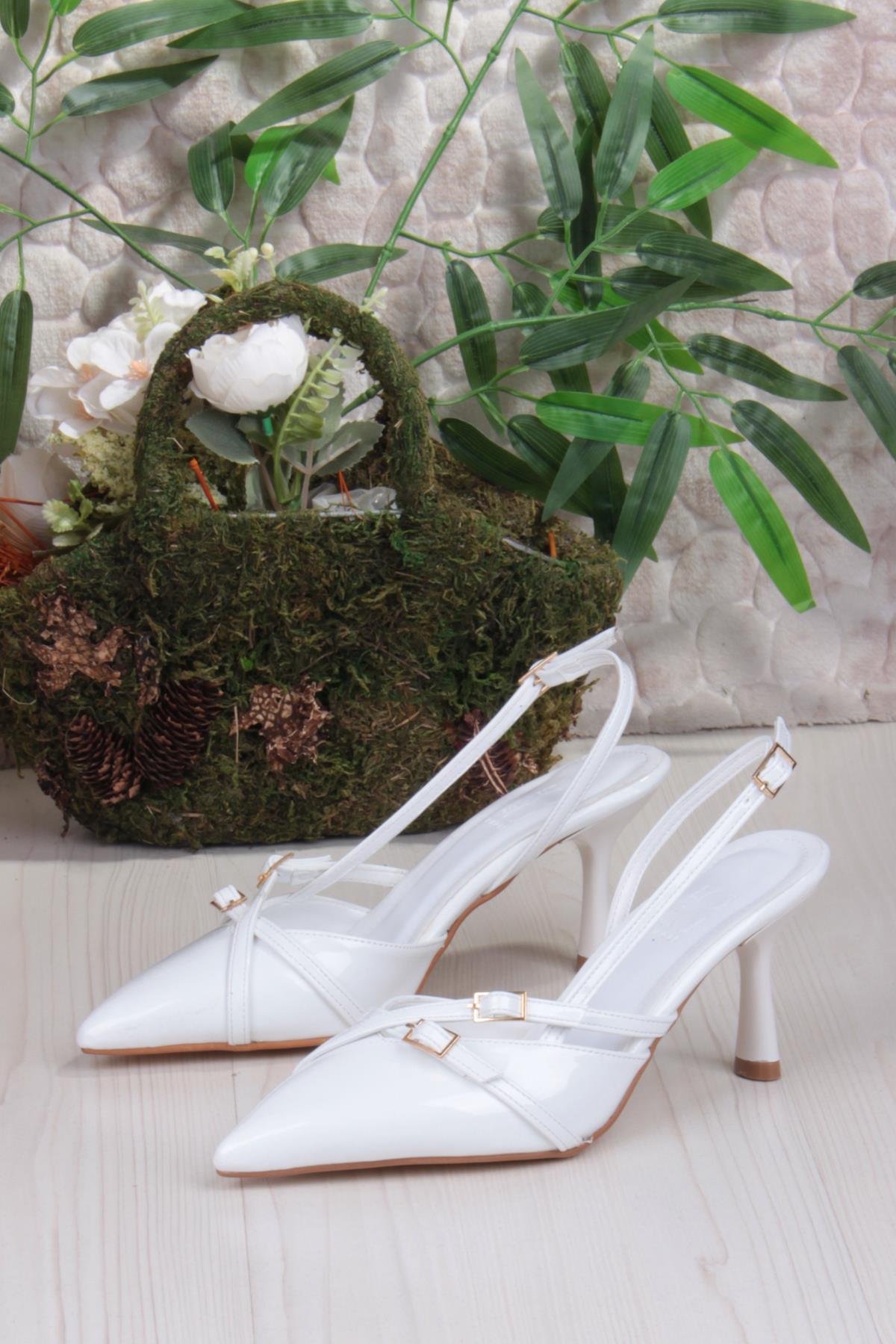 2105 Ceyn Rugan Çift Toka Detaylı Arkası Açık Topuklu Kadın Ayakkabı - Görsel 7