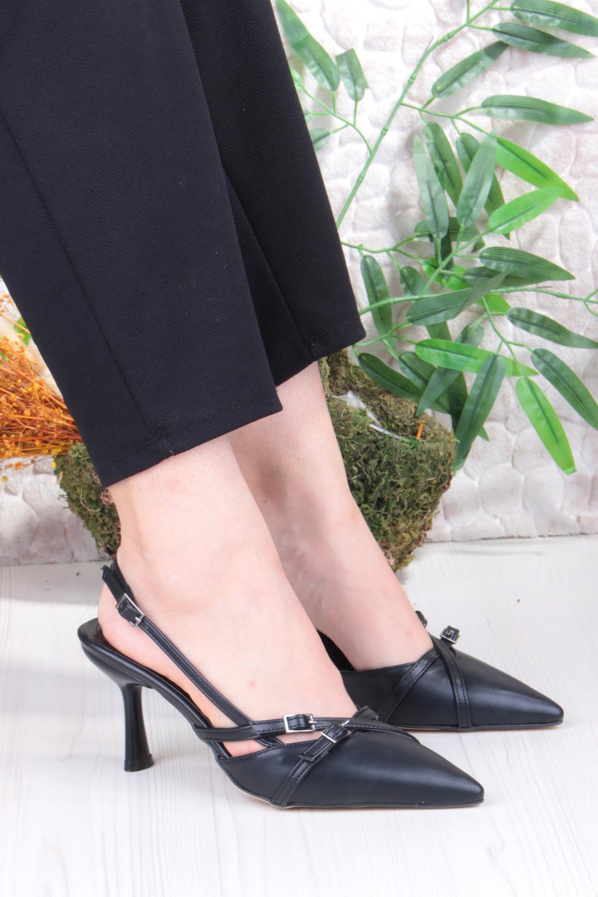 2105 Ceyn Cilt Çapraz Çift Toka Detaylı Arkası Açık Topuklu Kadın Ayakkabı - Görsel 2