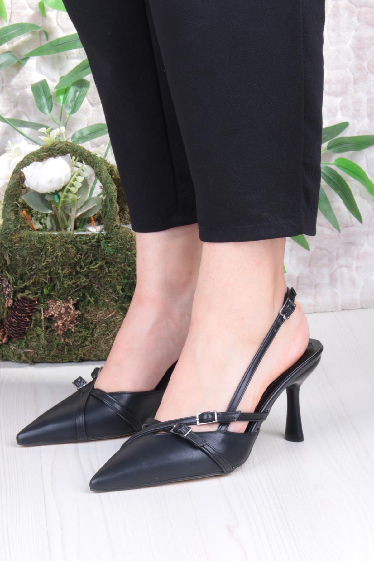 2105 Ceyn Cilt Çapraz Çift Toka Detaylı Arkası Açık Topuklu Kadın Ayakkabı - Görsel 3