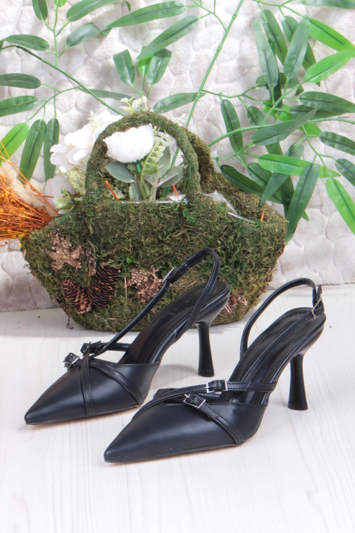 2105 Ceyn Cilt Çapraz Çift Toka Detaylı Arkası Açık Topuklu Kadın Ayakkabı - Görsel 7