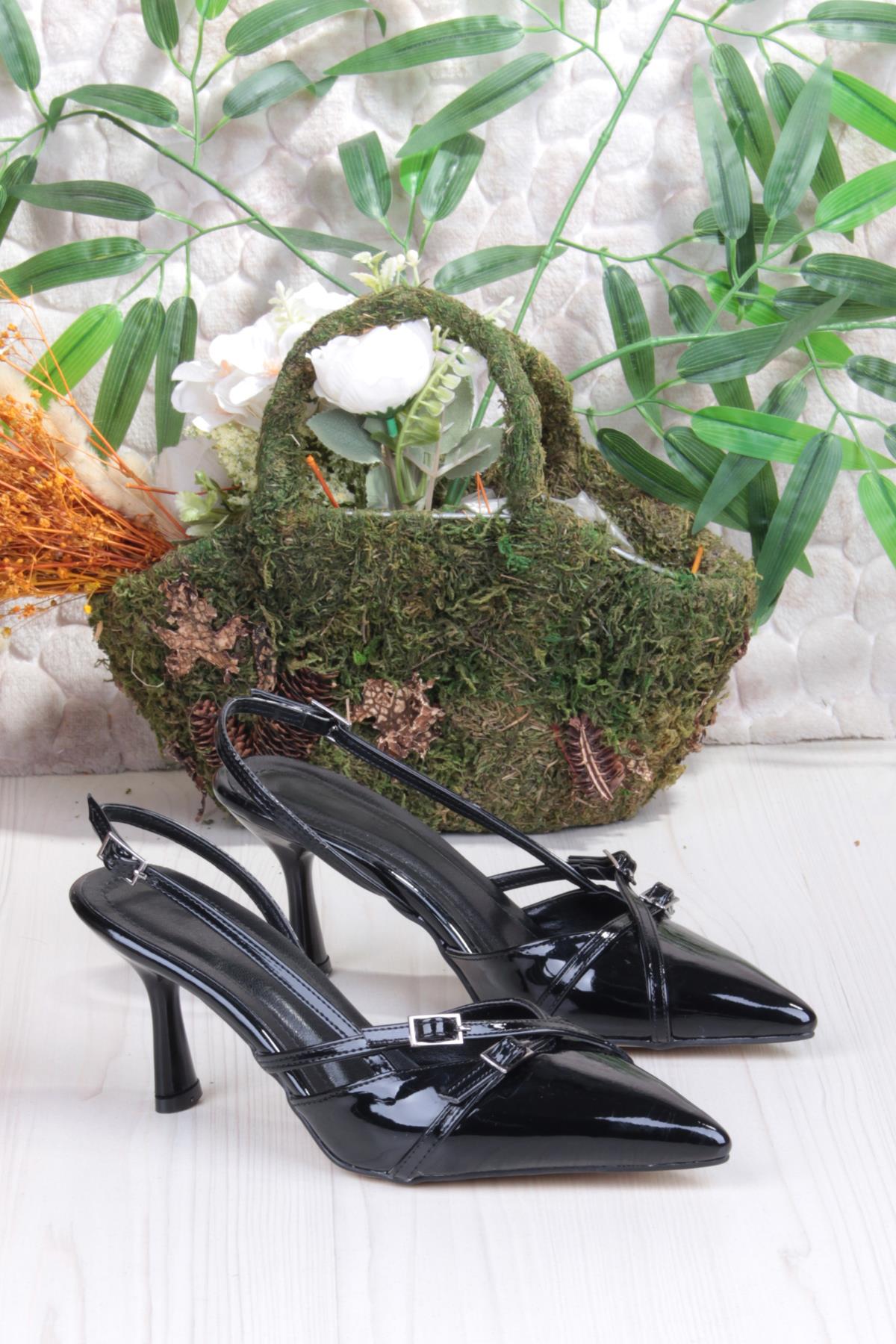 2105 Ceyn Rugan Çift Toka Detaylı Arkası Açık Topuklu Kadın Ayakkabı - Görsel 6