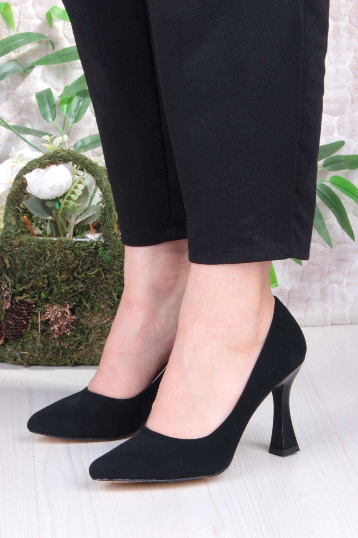 35707 Düz Sade Nubuk Rahat Şık Stiletto Yüksek Topuklu Kadın Ayakkabı - Görsel 3