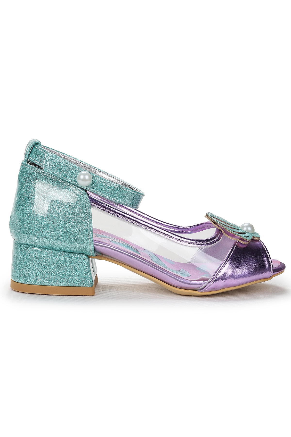 Deniz Kızı Şeffaf Burnu Açık Kız Çocuk Topuklu Abiye Ayakkabı Lila - Su Yeşili - Görsel 2