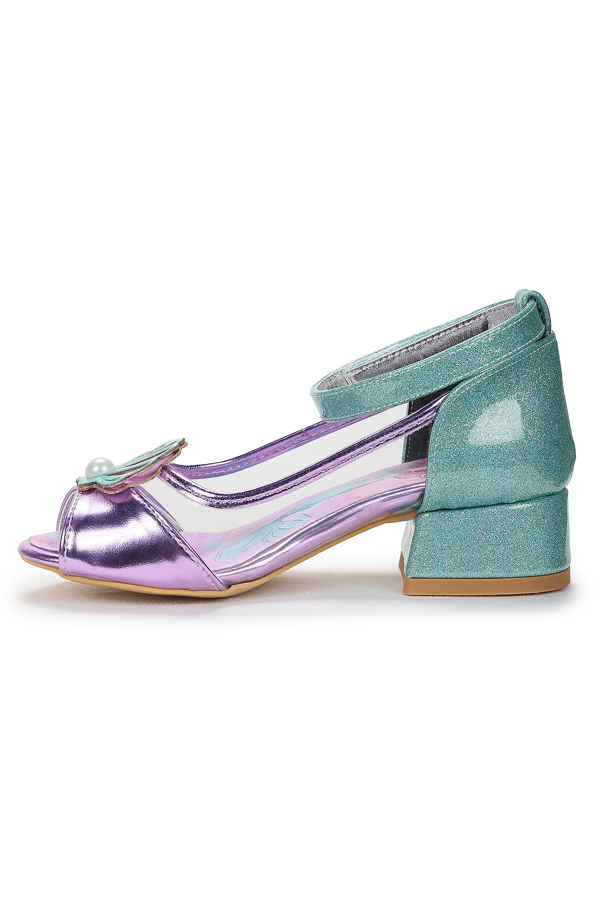 Deniz Kızı Şeffaf Burnu Açık Kız Çocuk Topuklu Abiye Ayakkabı Lila - Su Yeşili - Görsel 5
