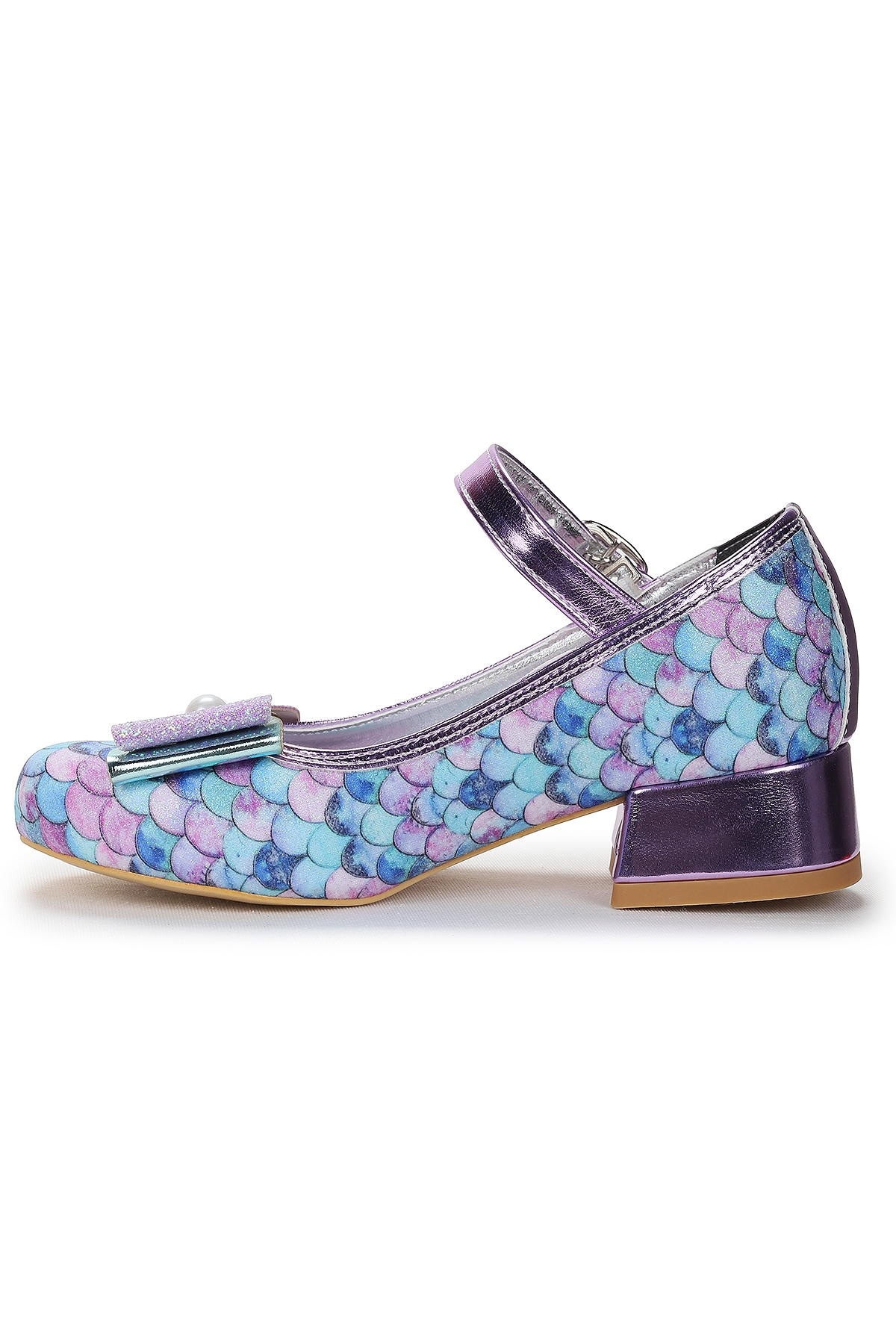 Deniz Kızı İnci Fiyonklu Simli Kız Çocuk Topuklu Abiye Ayakkabı Lila - Görsel 5