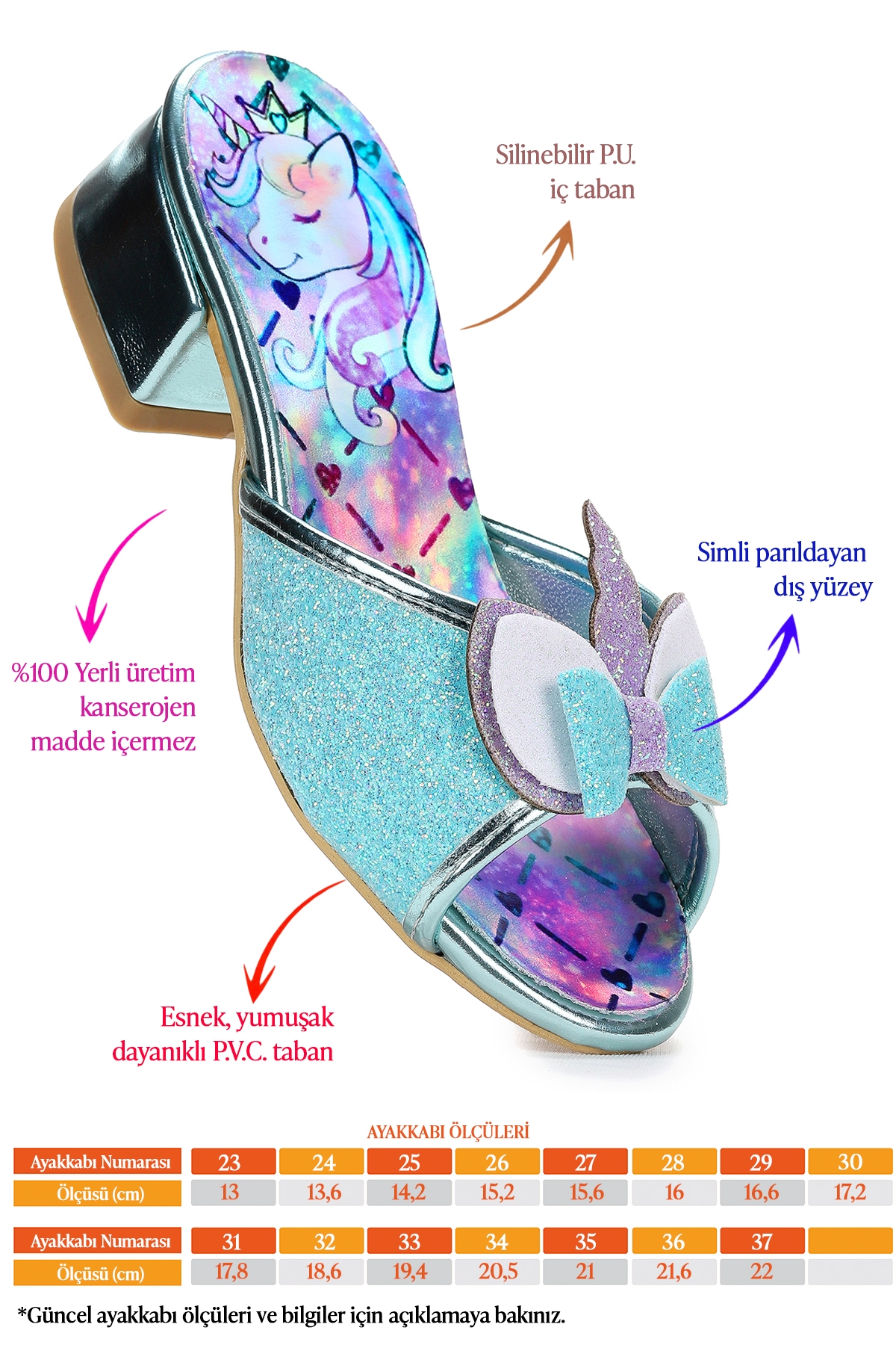 Unicorn Kız Çocuk Topuklu Simli Abiye Terlik Su Yeşili - Görsel 3