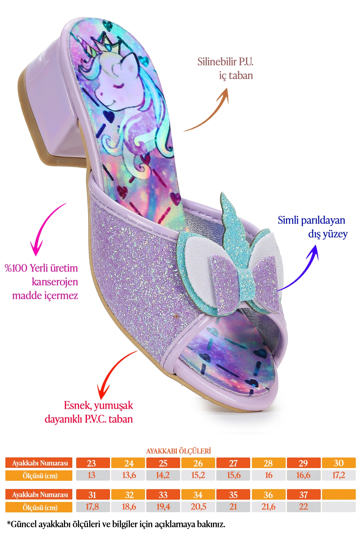 Unicorn Kız Çocuk Topuklu Simli Abiye Terlik Lila - Görsel 3