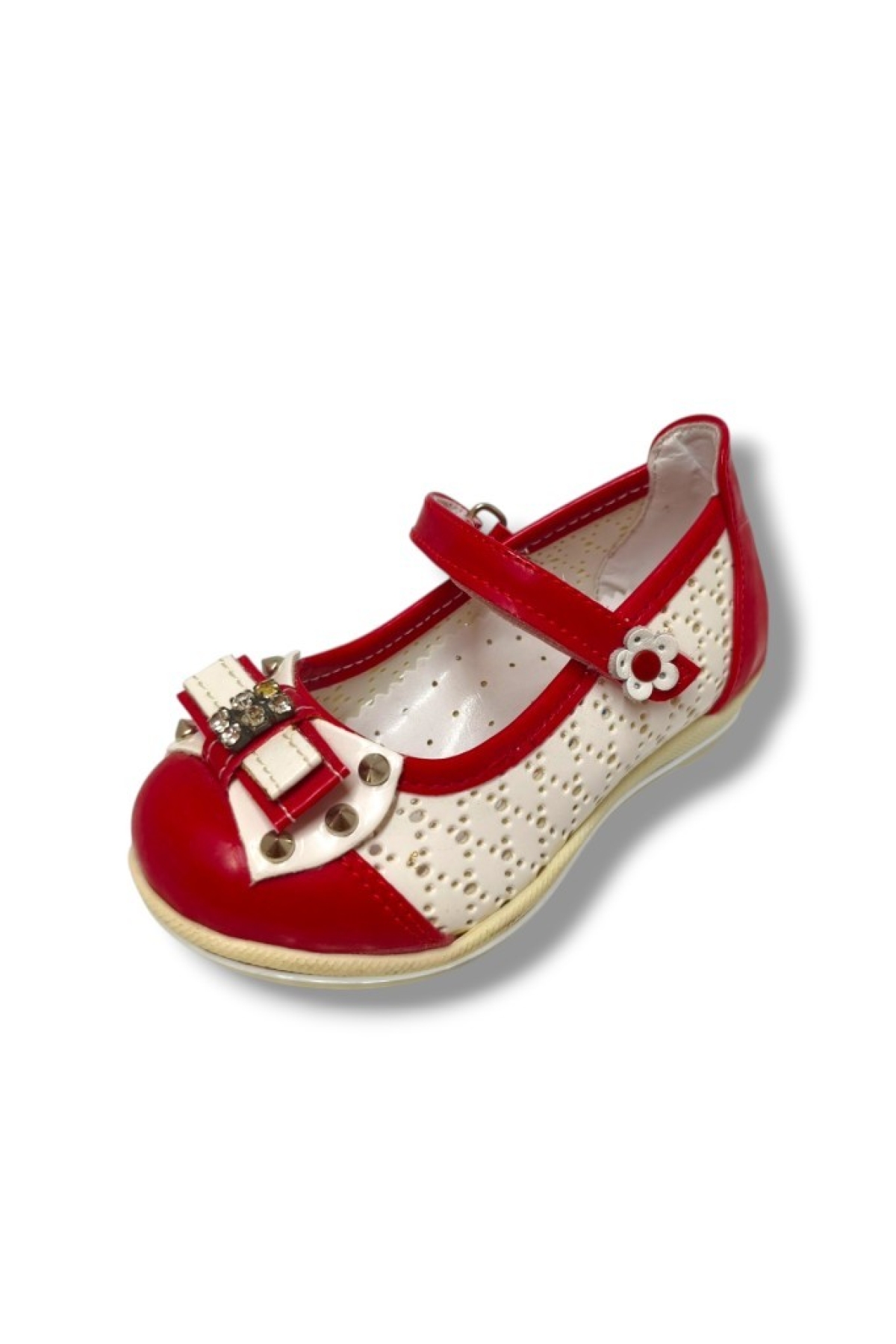 3089-20 Çiçek Cırtlı Fiyonklu Kız Çocuk Babet Kırmızı Beyaz 21-25 - Görsel 2