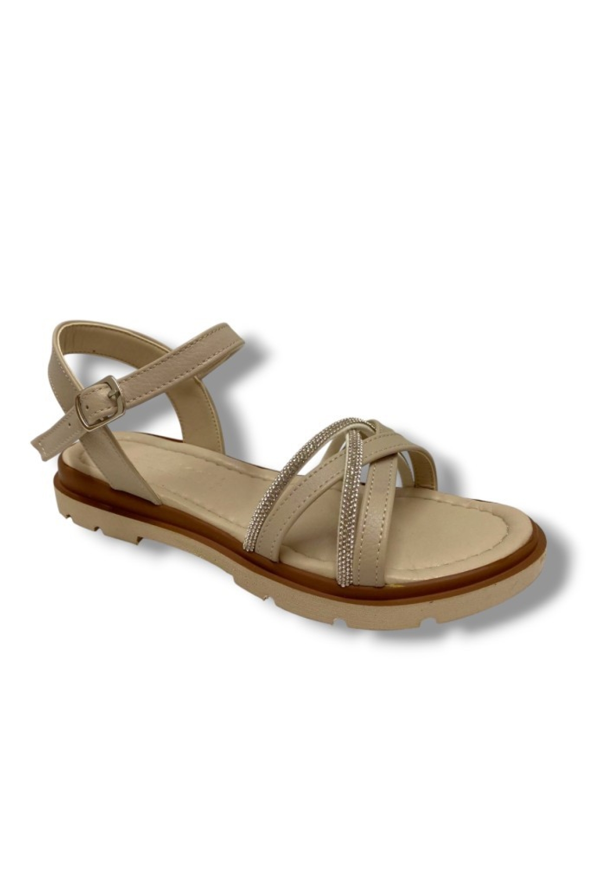 E798-25 Deri Anatomik Çapraz Bant Taşlı Kadın Sandalet - Görsel 2
