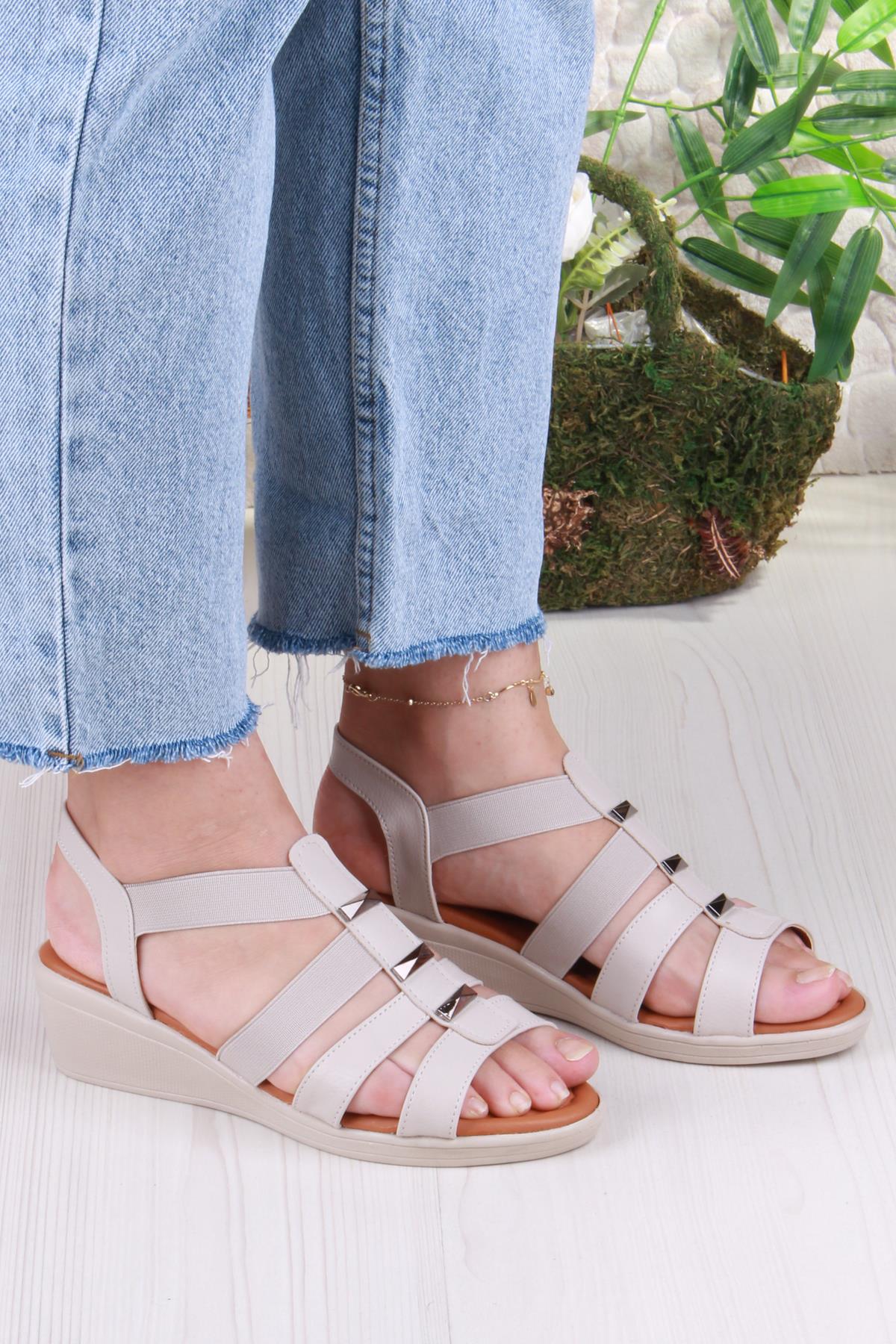 35604 Mavişim Rahat Esnek Lastik Bağlamalı Dolgu Topuklu Kadın Sandalet - Görsel 4