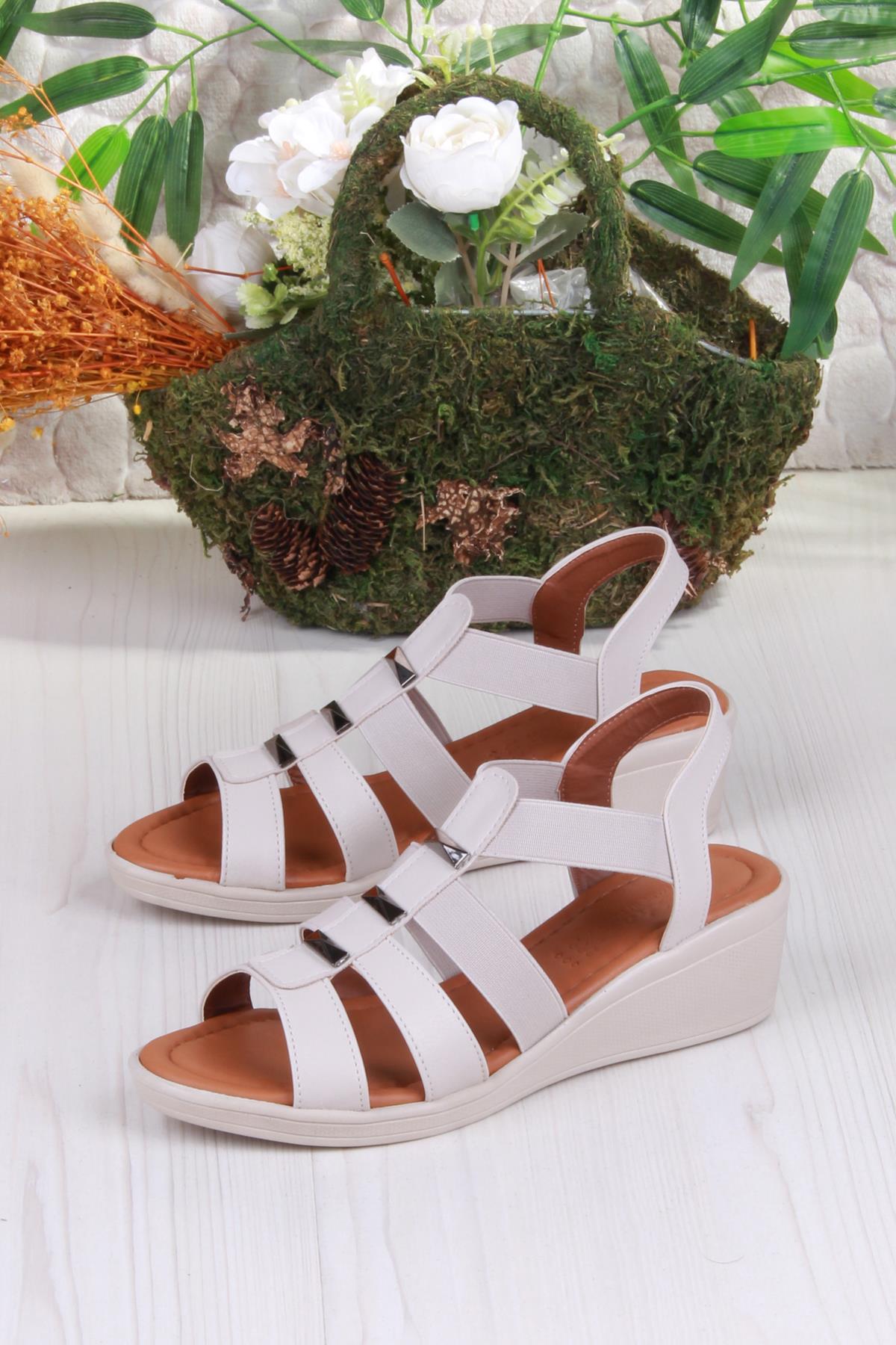 35604 Mavişim Rahat Esnek Lastik Bağlamalı Dolgu Topuklu Kadın Sandalet - Görsel 6