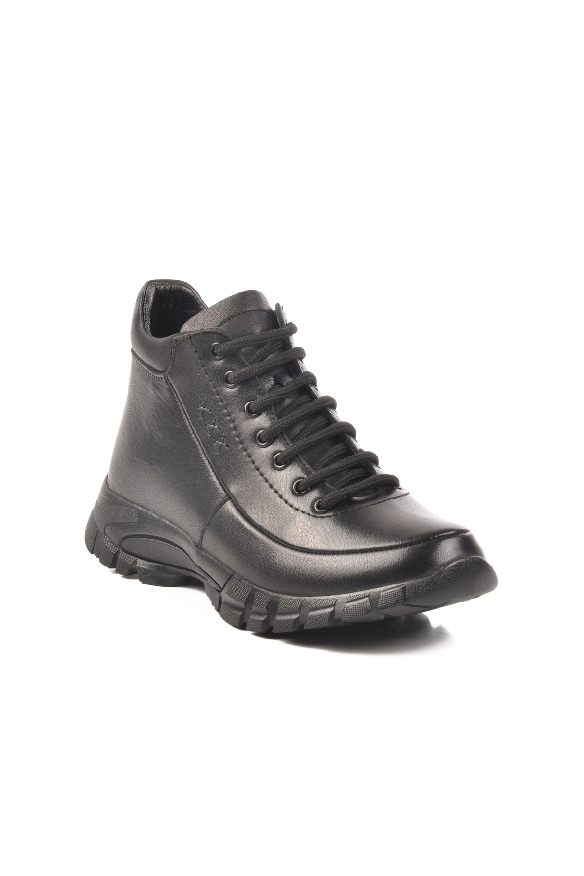 Siyah Hakiki Deri Fermuarlı Bağcık Detaylı Kadın Düz Bot - Görsel 4