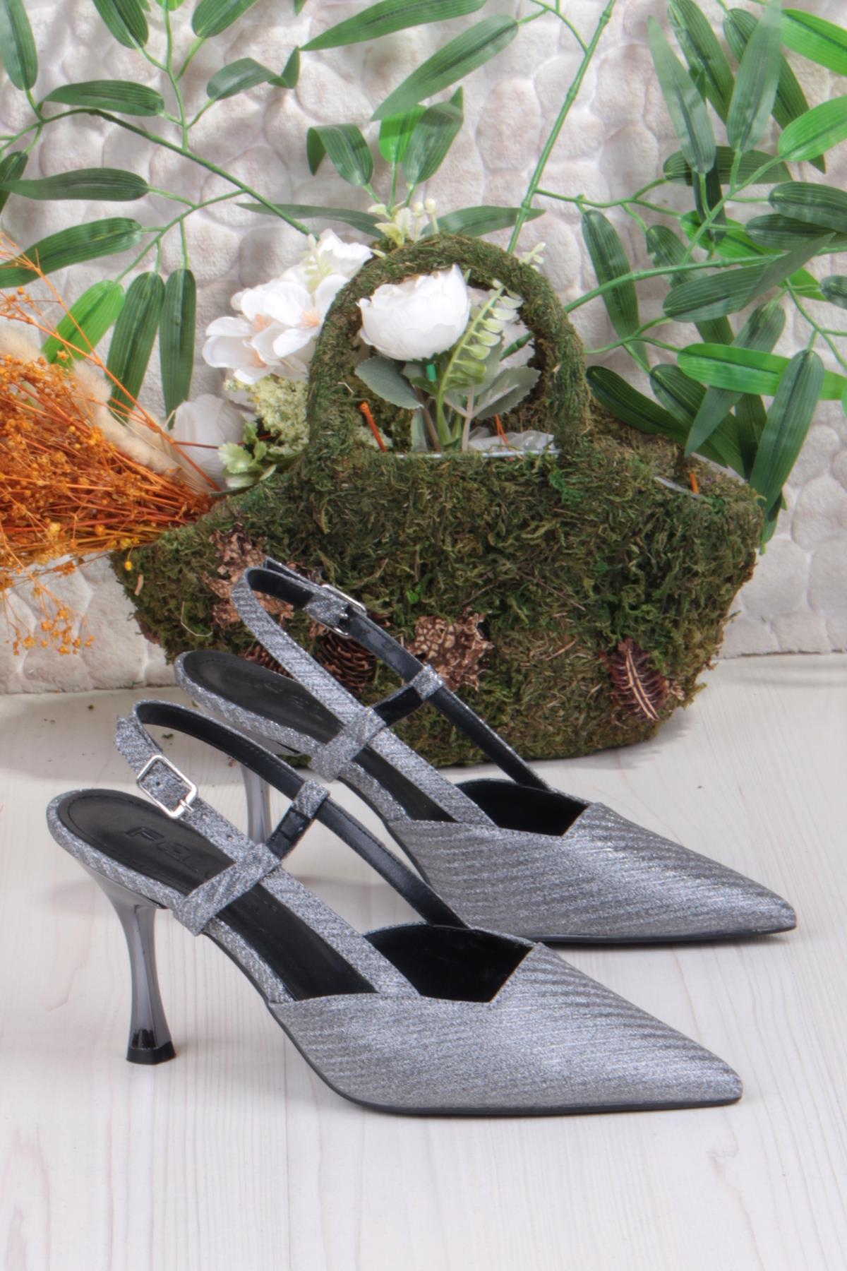 086-1001 Fls Saten Baskılı Arkası Açık Önü Kapalı Topuklu Kadın Ayakkabı - Görsel 2