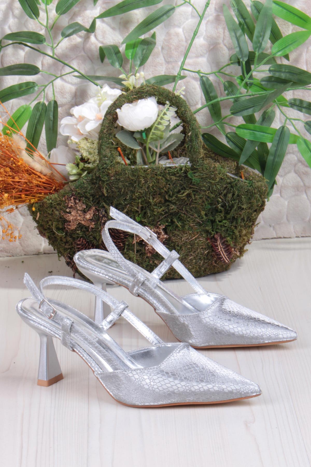 087-90 Fls Baskılı Arkası Açık Önü Kapalı Topuklu Ayakkabı - Görsel 6