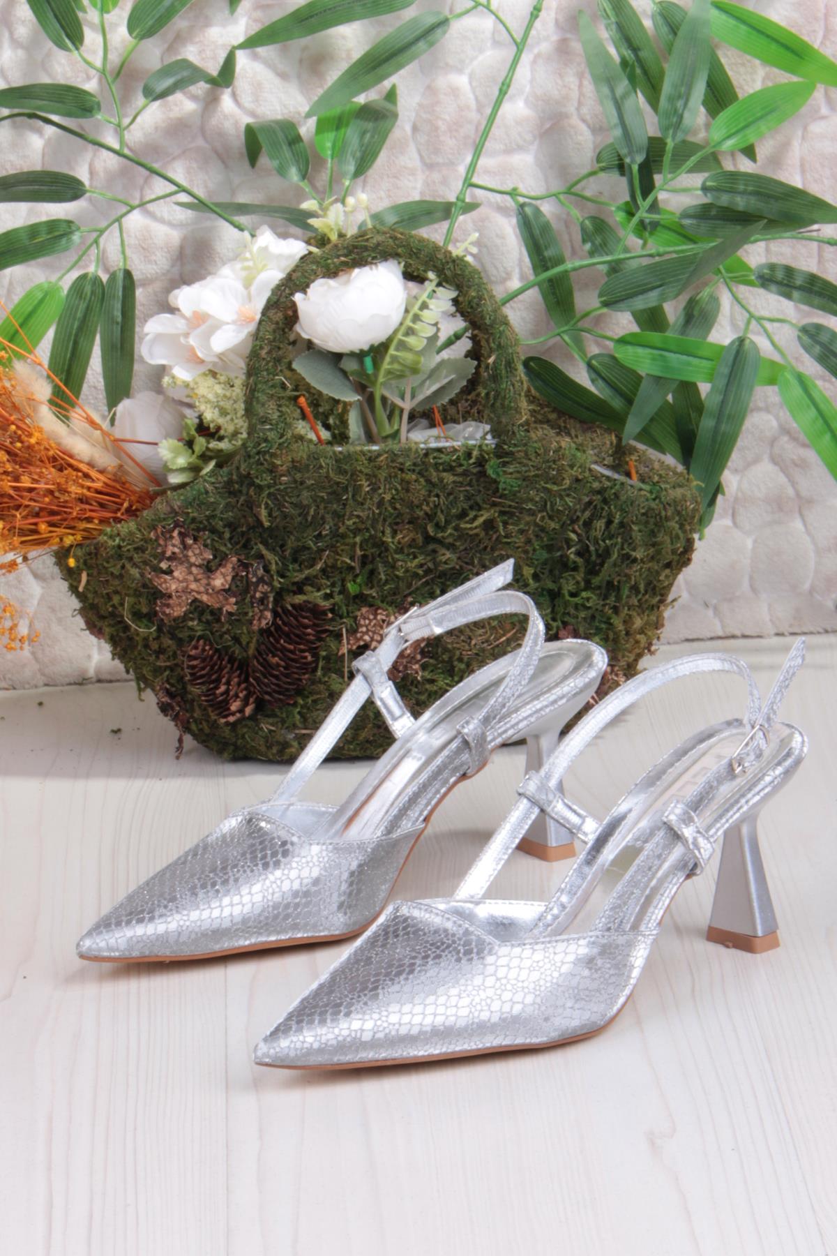 087-90 Fls Baskılı Arkası Açık Önü Kapalı Topuklu Ayakkabı - Görsel 7